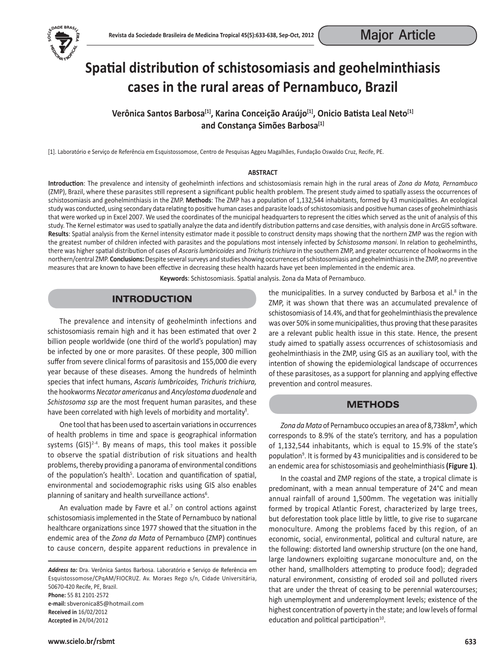 Spatial Distribution of Schistosomiasis and Geohelminthiasis Cases in the Rural Areas of Pernambuco, Brazil