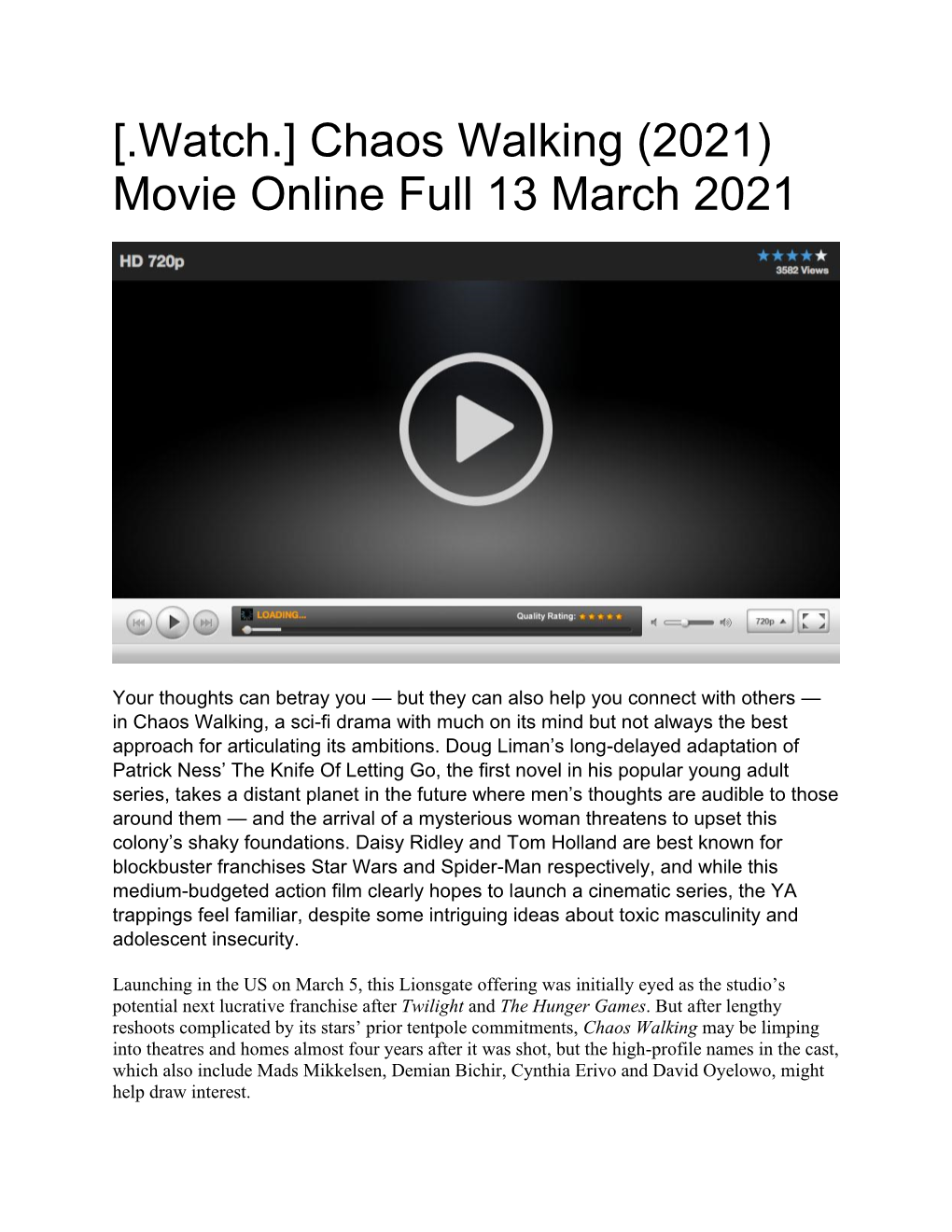 [.Watch.] Chaos Walking (2021) Movie Online Full 13 March 2021
