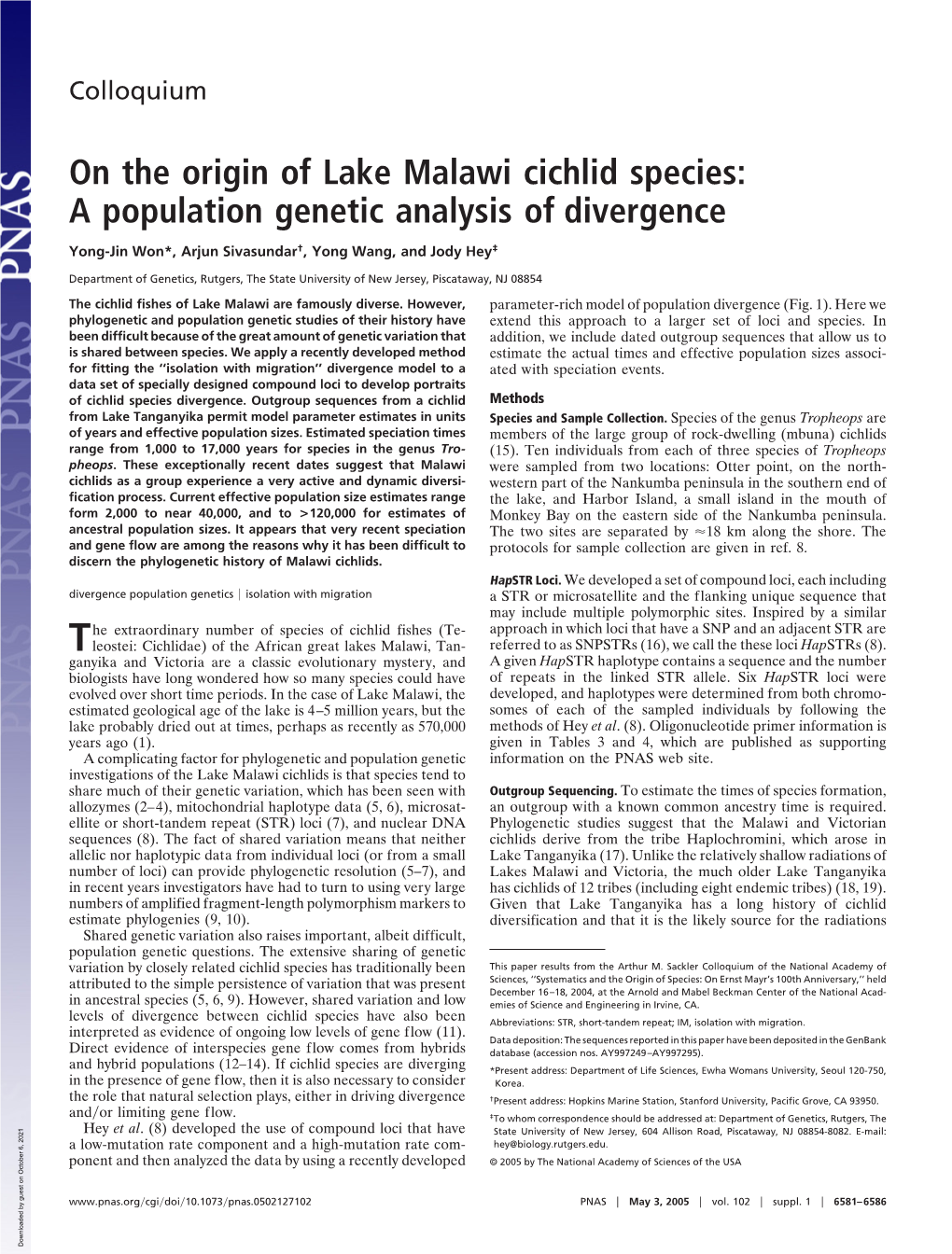 On the Origin of Lake Malawi Cichlid Species: a Population Genetic Analysis of Divergence