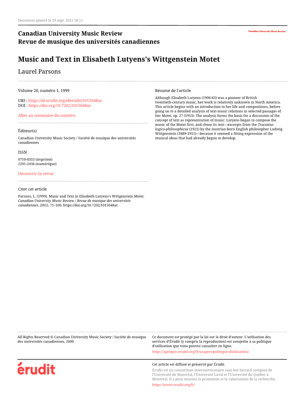 Music and Text in Elisabeth Lutyens's Wittgenstein Motet Laurel Parsons