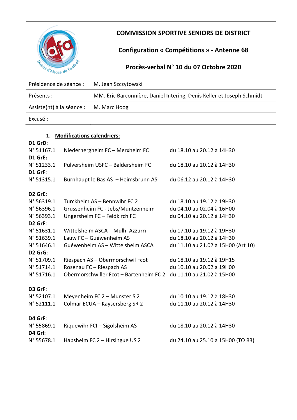 COMMISSION SPORTIVE SENIORS DE DISTRICT Configuration