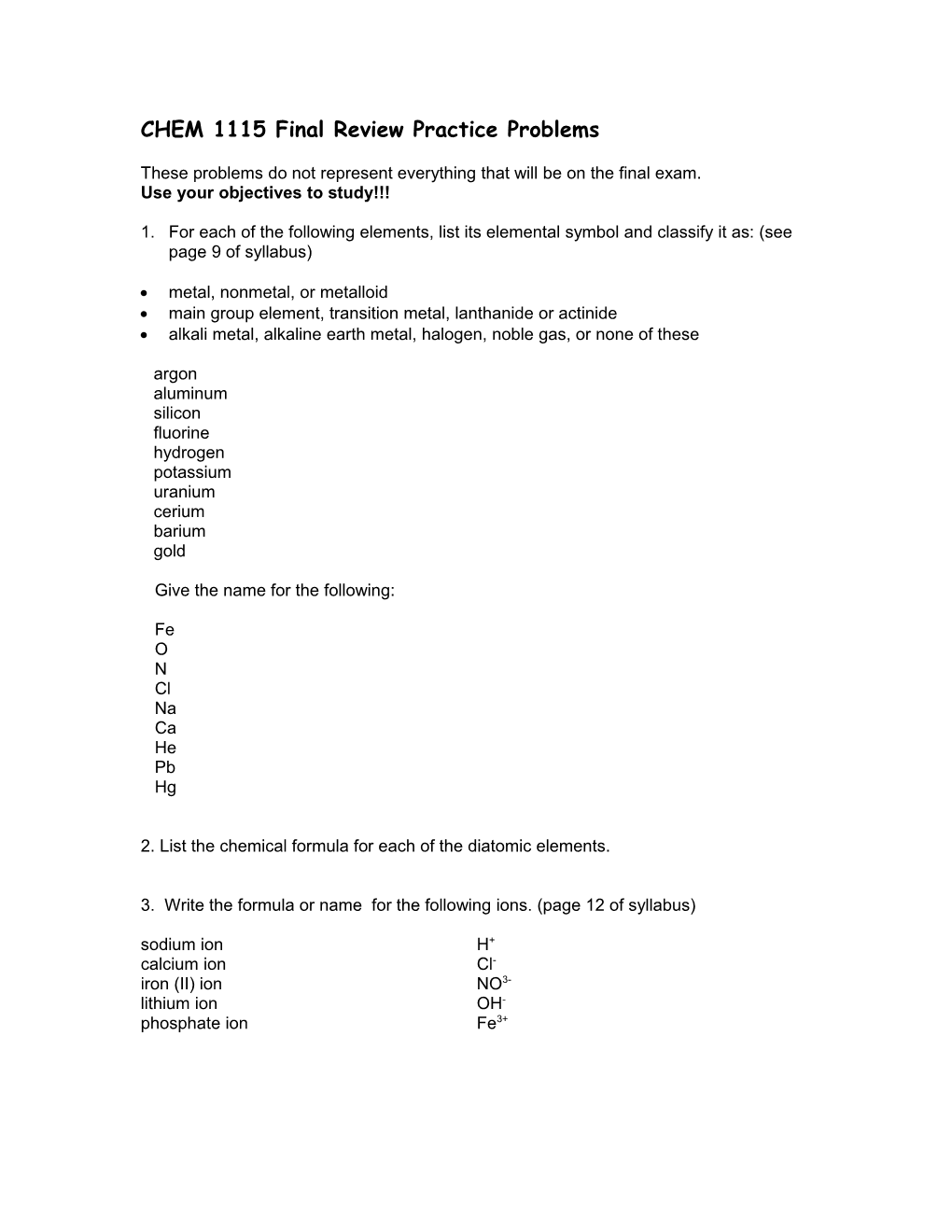 CHEM 1115 Unit 1 Practice Problems