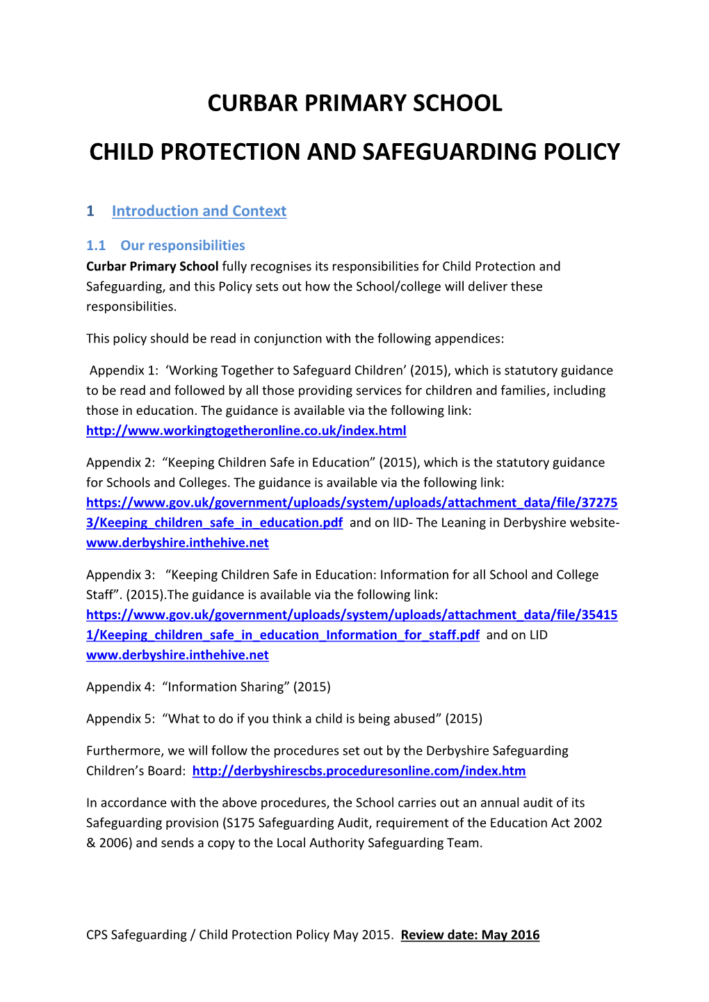 School Child Protection and Safeguarding Policy