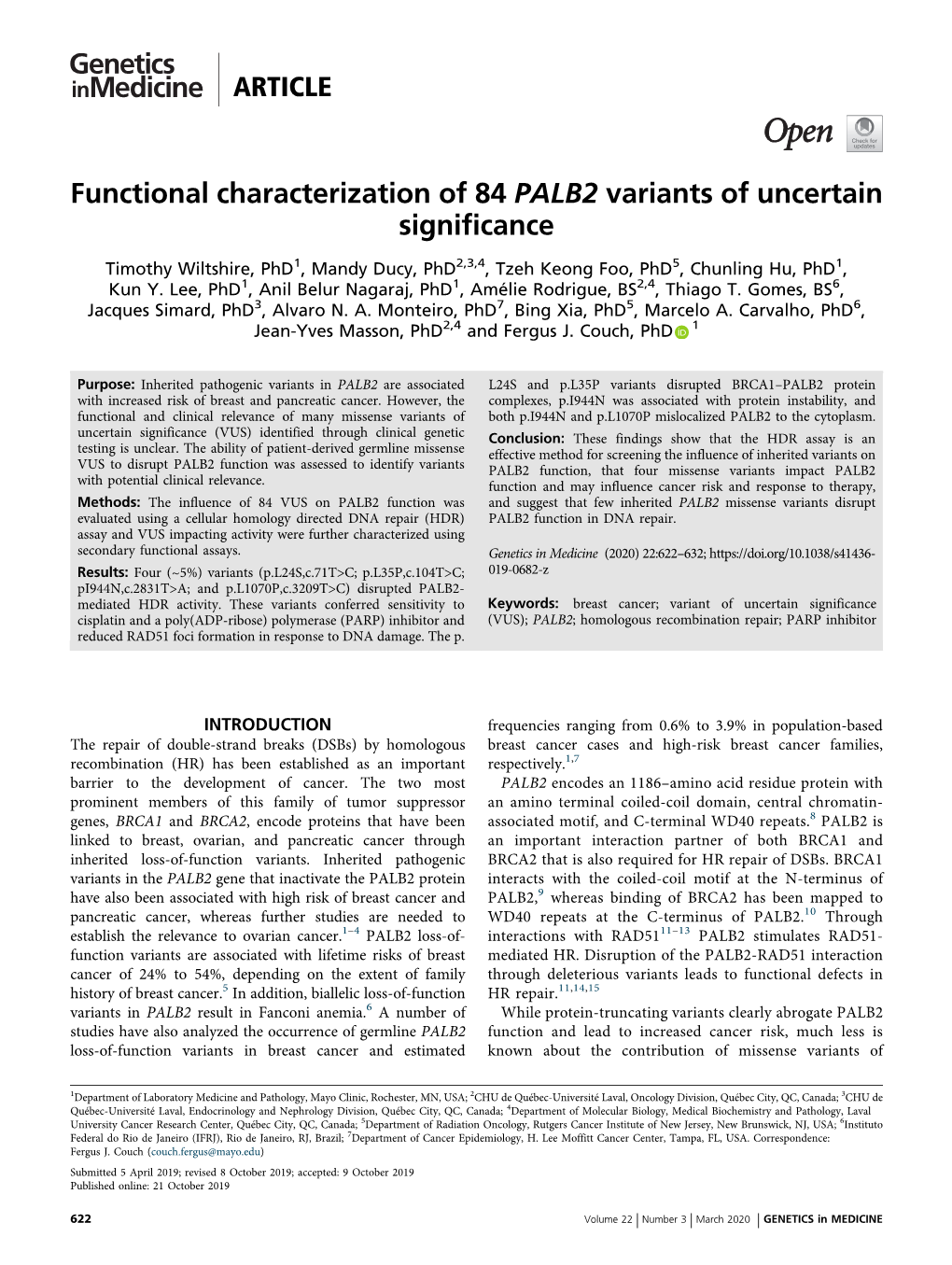 Functional Characterization of 84 PALB2 Variants of Uncertain Significance