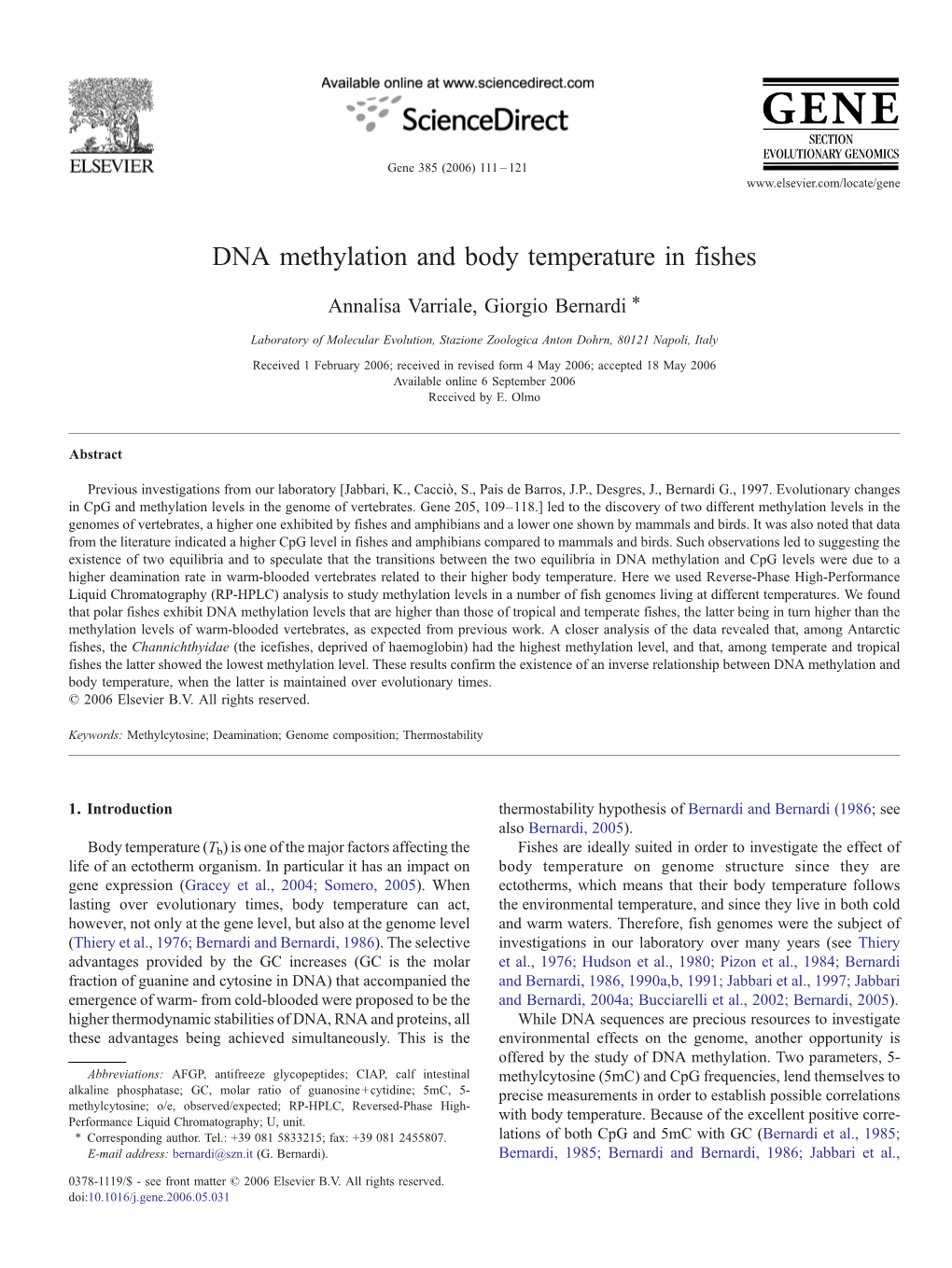 DNA Methylation and Body Temperature in Fishes ⁎ Annalisa Varriale, Giorgio Bernardi