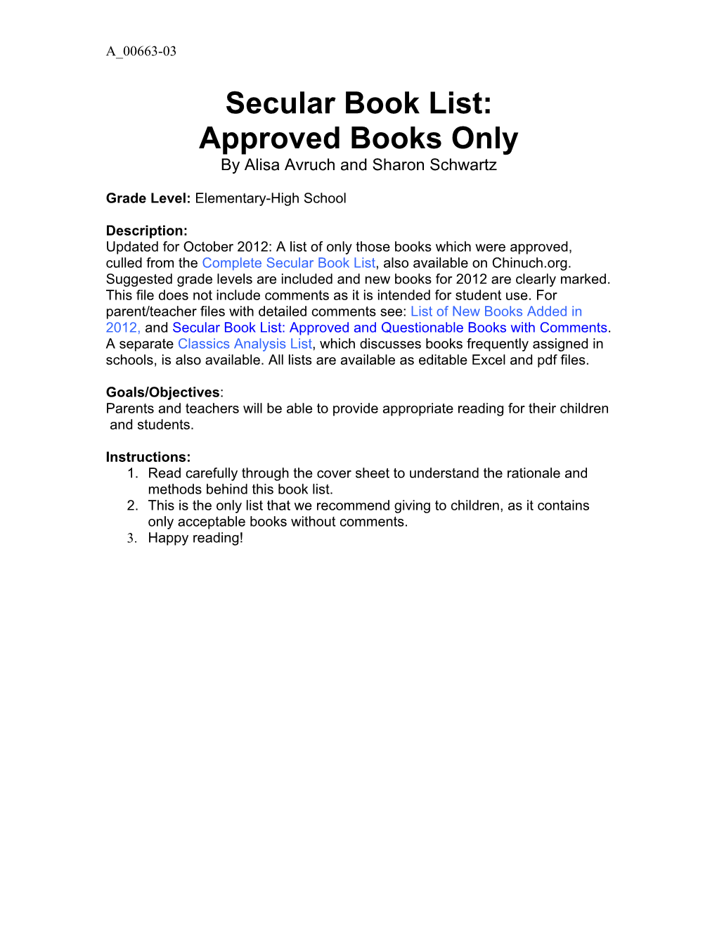 List of Approved Books for Children and Their Parents Updated September 2012