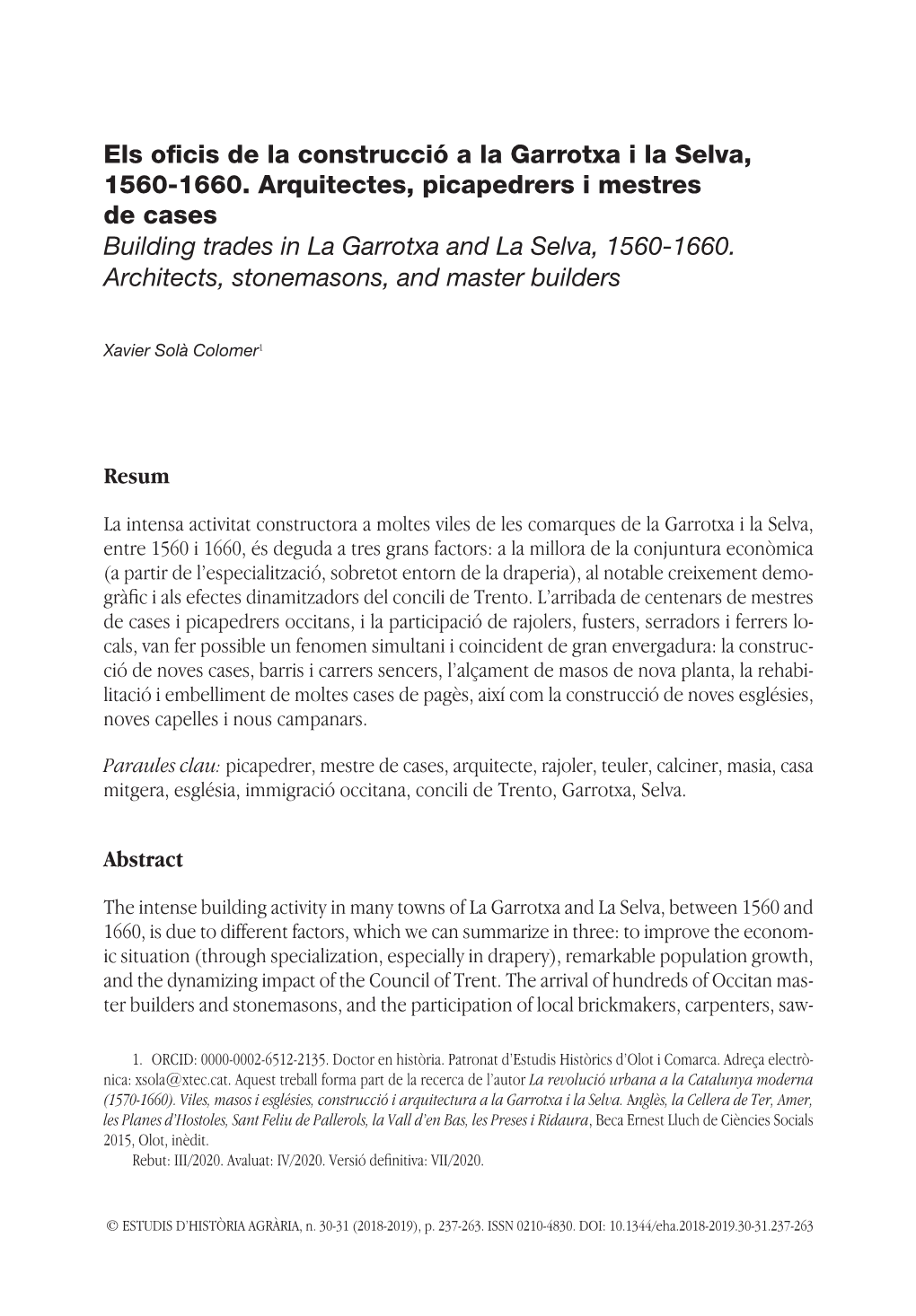 Els Oficis De La Construcció a La Garrotxa I La Selva, 1560-1660