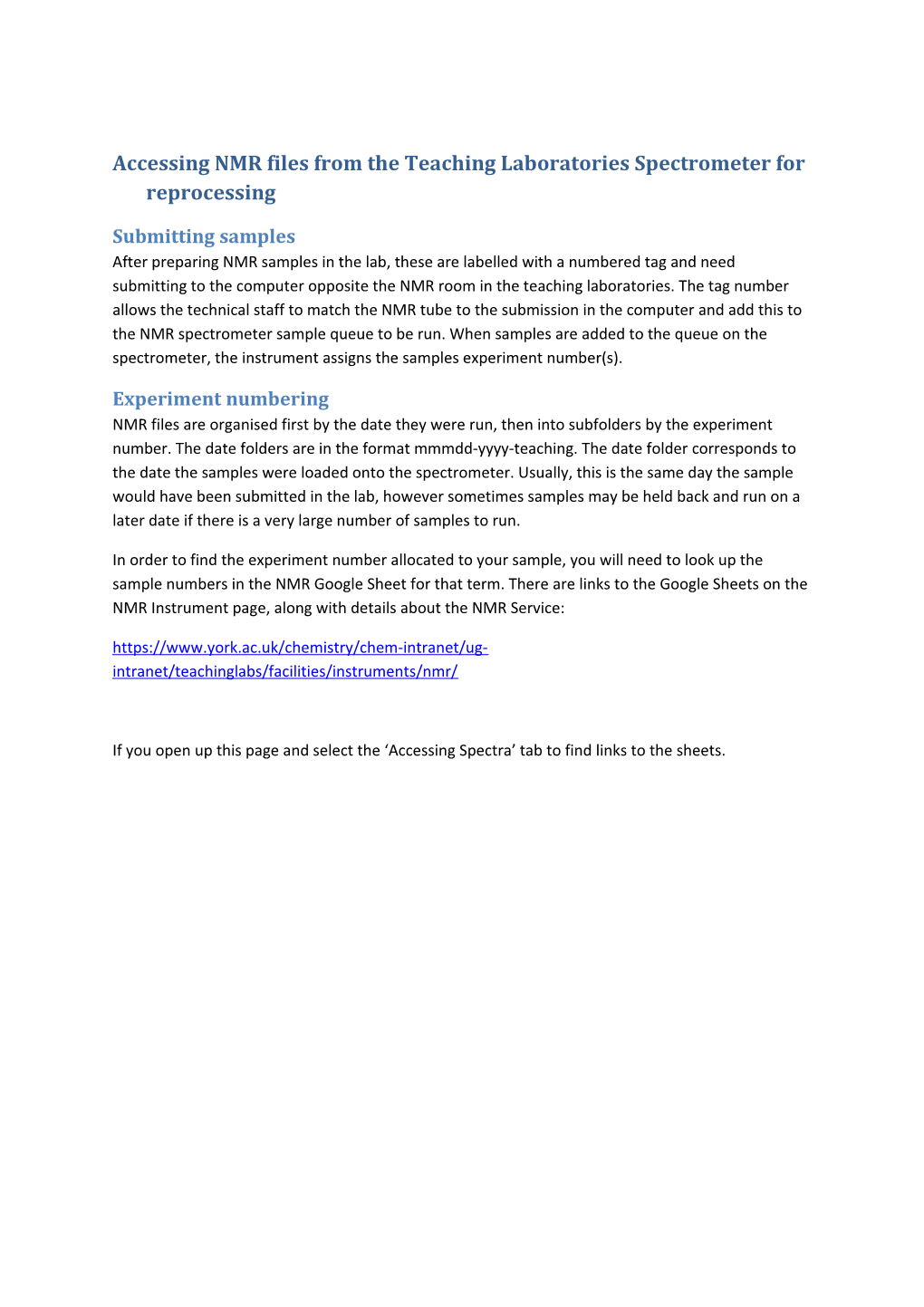 Accessing NMR Files from the Teaching Laboratories Spectrometer for Reprocessing