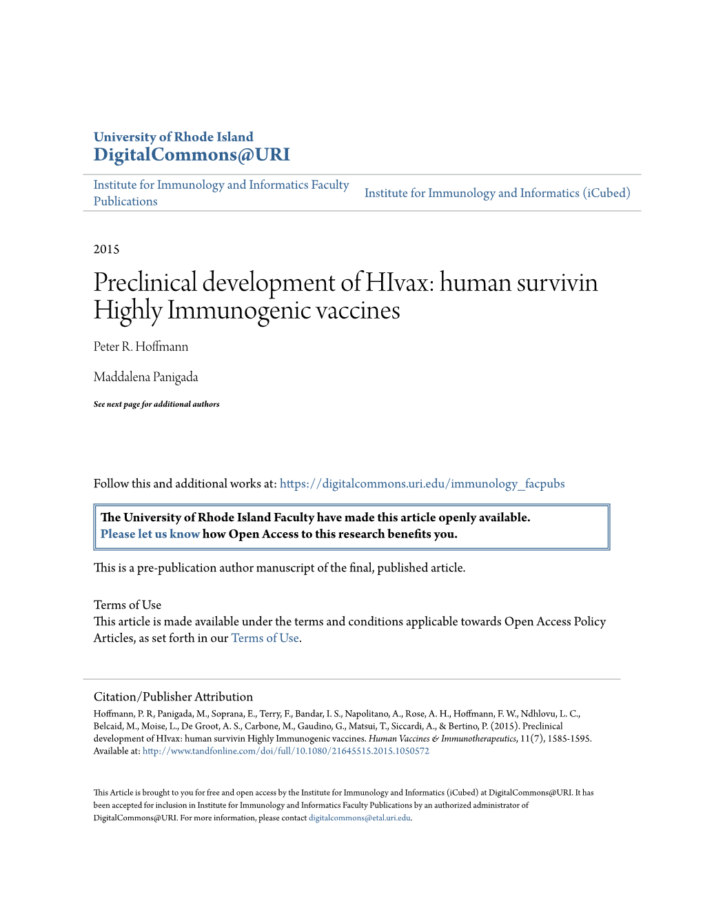 Human Survivin Highly Immunogenic Vaccines Peter R