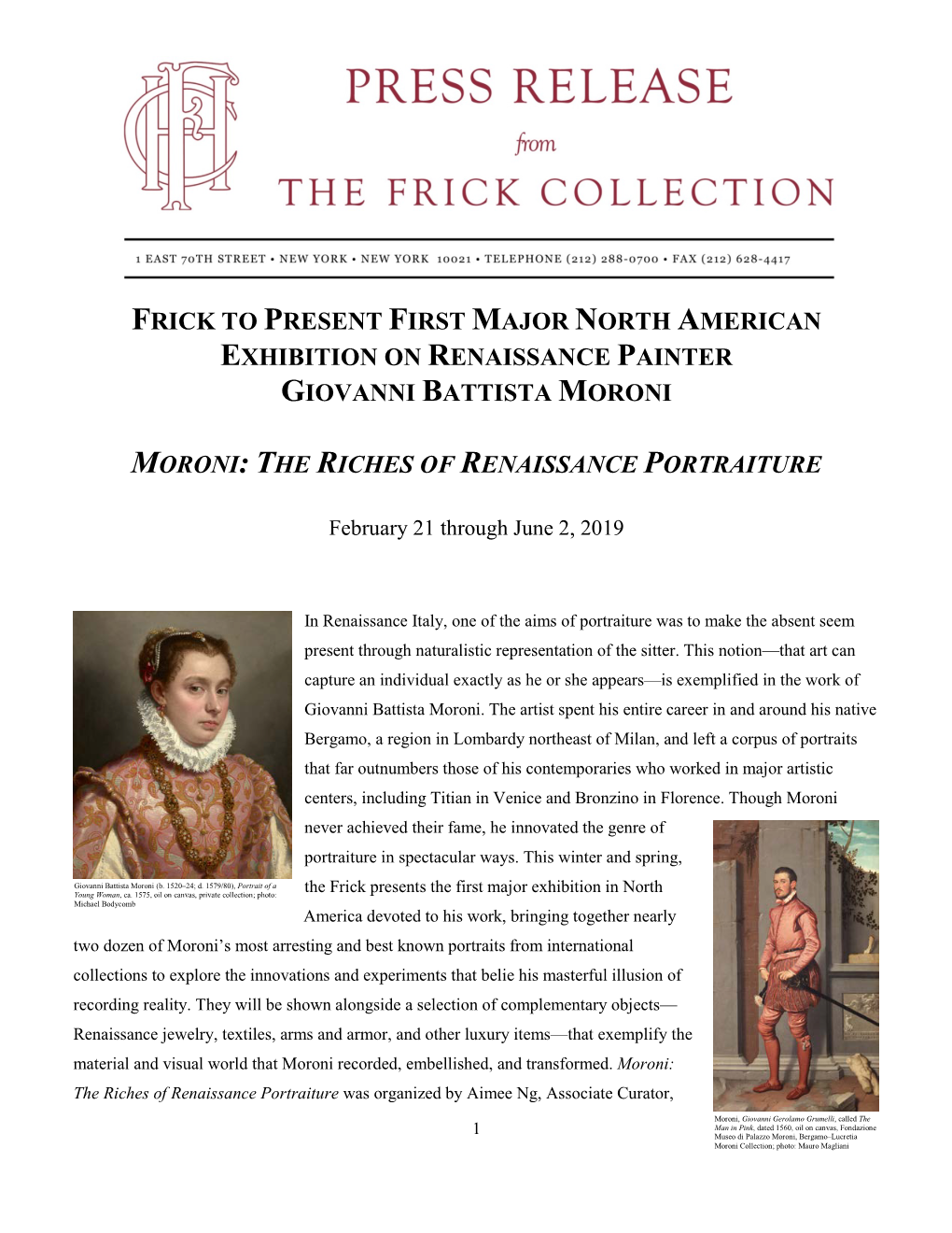 Frick to Present First Major North American Exhibition on Renaissance Painter Giovanni Battista Moroni