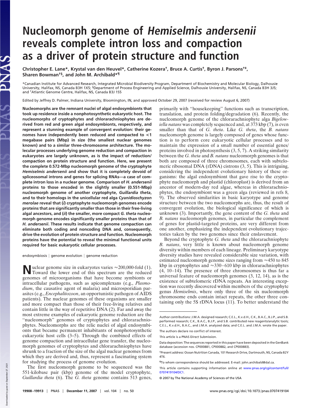 Nucleomorph Genome of Hemiselmis Andersenii Reveals Complete Intron Loss and Compaction As a Driver of Protein Structure and Function