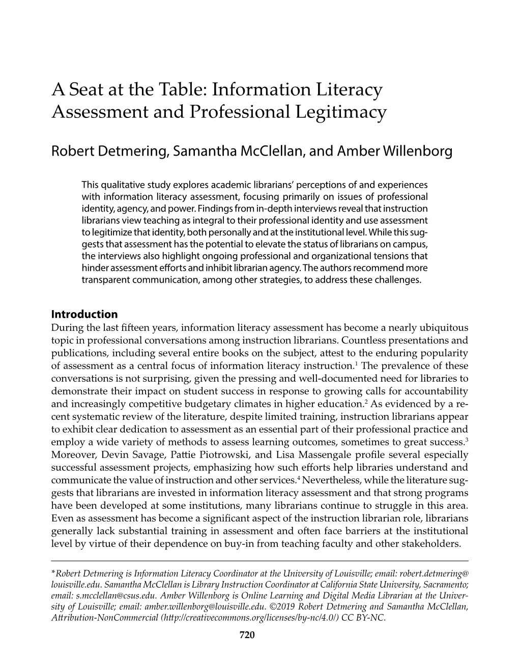 A Seat at the Table: Information Literacy Assessment and Professional Legitimacy