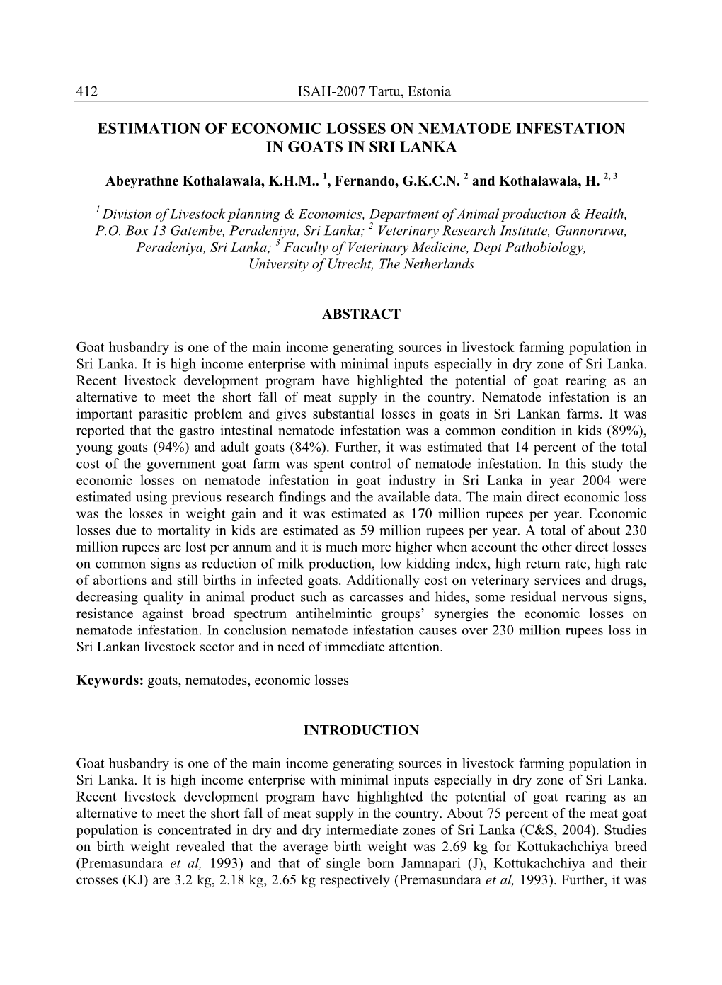 Estimation of Economic Losses on Nematode Infestation in Goats in Sri Lanka