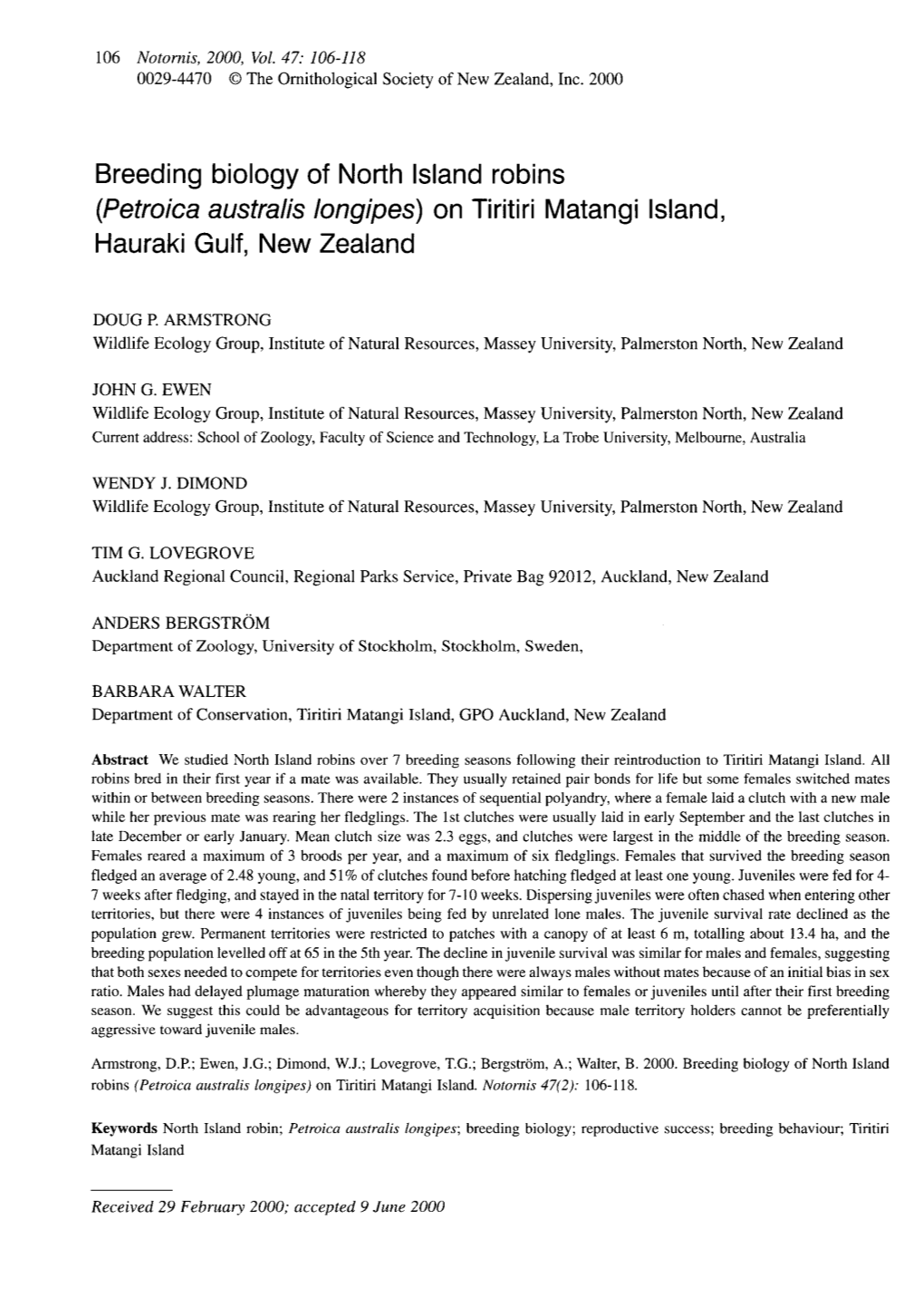 Breeding Biology of North Island Robins (Petroica Australis Longipes) on Tiritiri Matangi Island, Hauraki Gulf, New Zealand