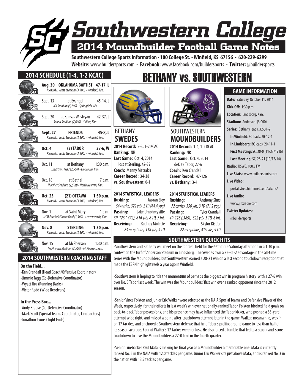 Southwestern College 2014 Moundbuilder Football Game Notes Southwestern College Sports Information - 100 College St