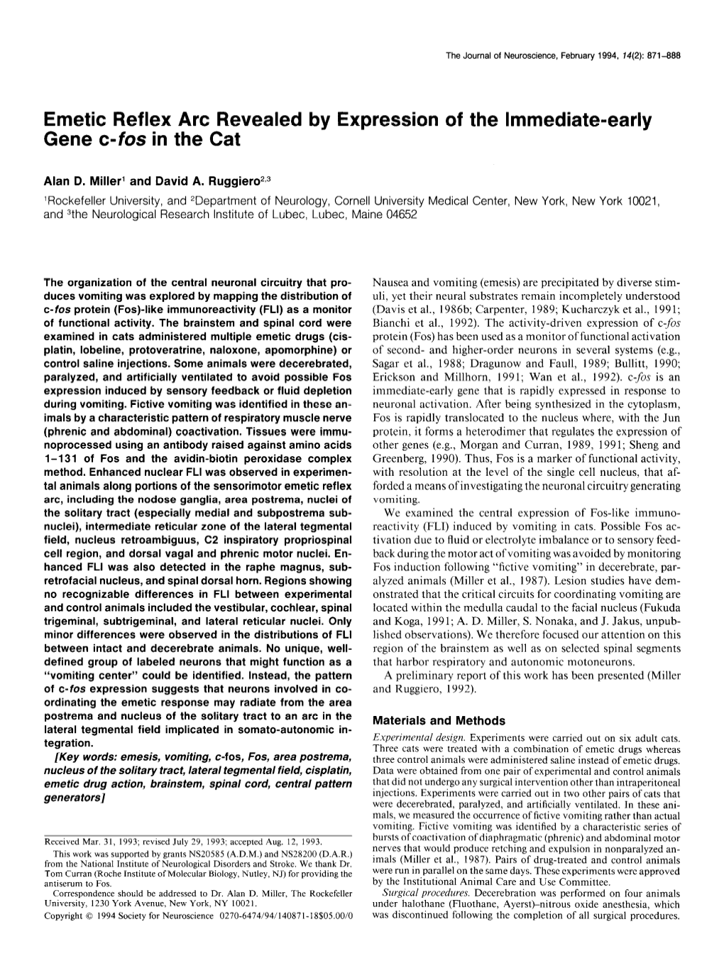 Emetic Reflex Arc Revealed Gene C&S in the Cat Expression Immediate