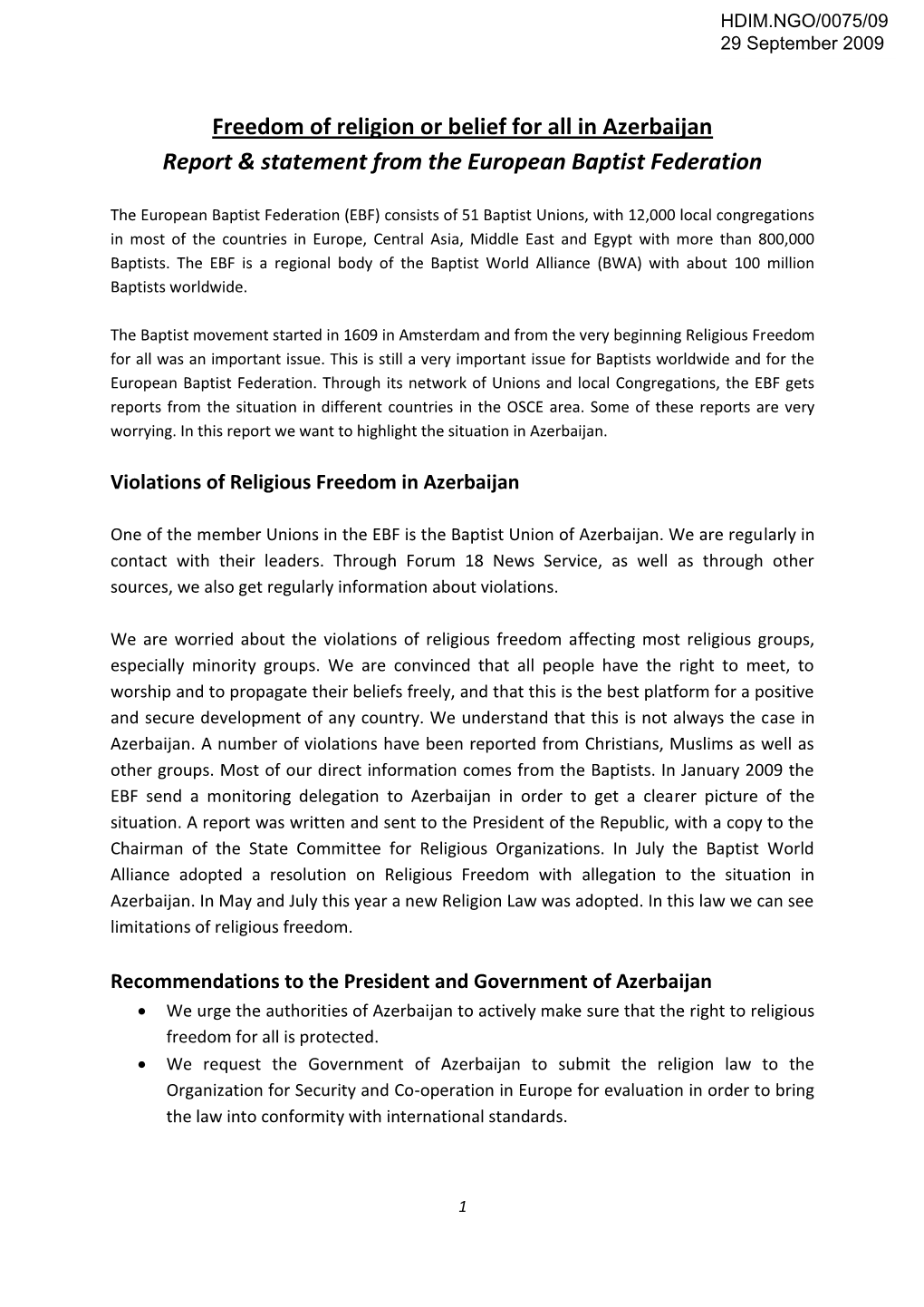 Freedom of Religion Or Belief for All in Azerbaijan Report & Statement From