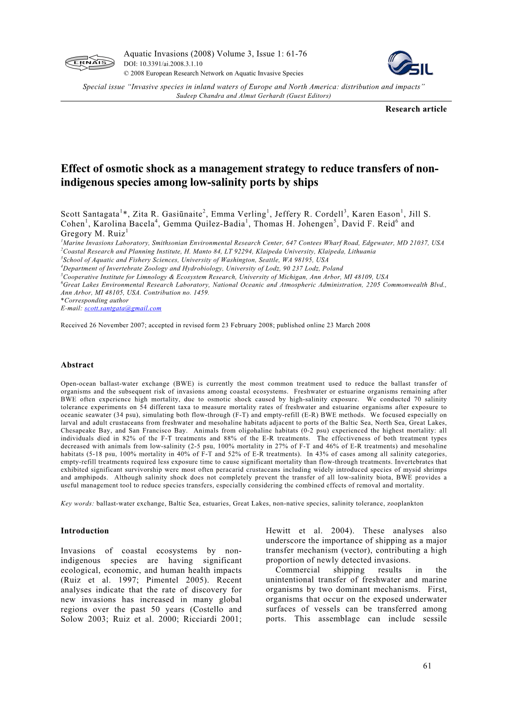 Effect of Osmotic Shock As a Management Strategy to Reduce Transfers of Non- Indigenous Species Among Low-Salinity Ports by Ships