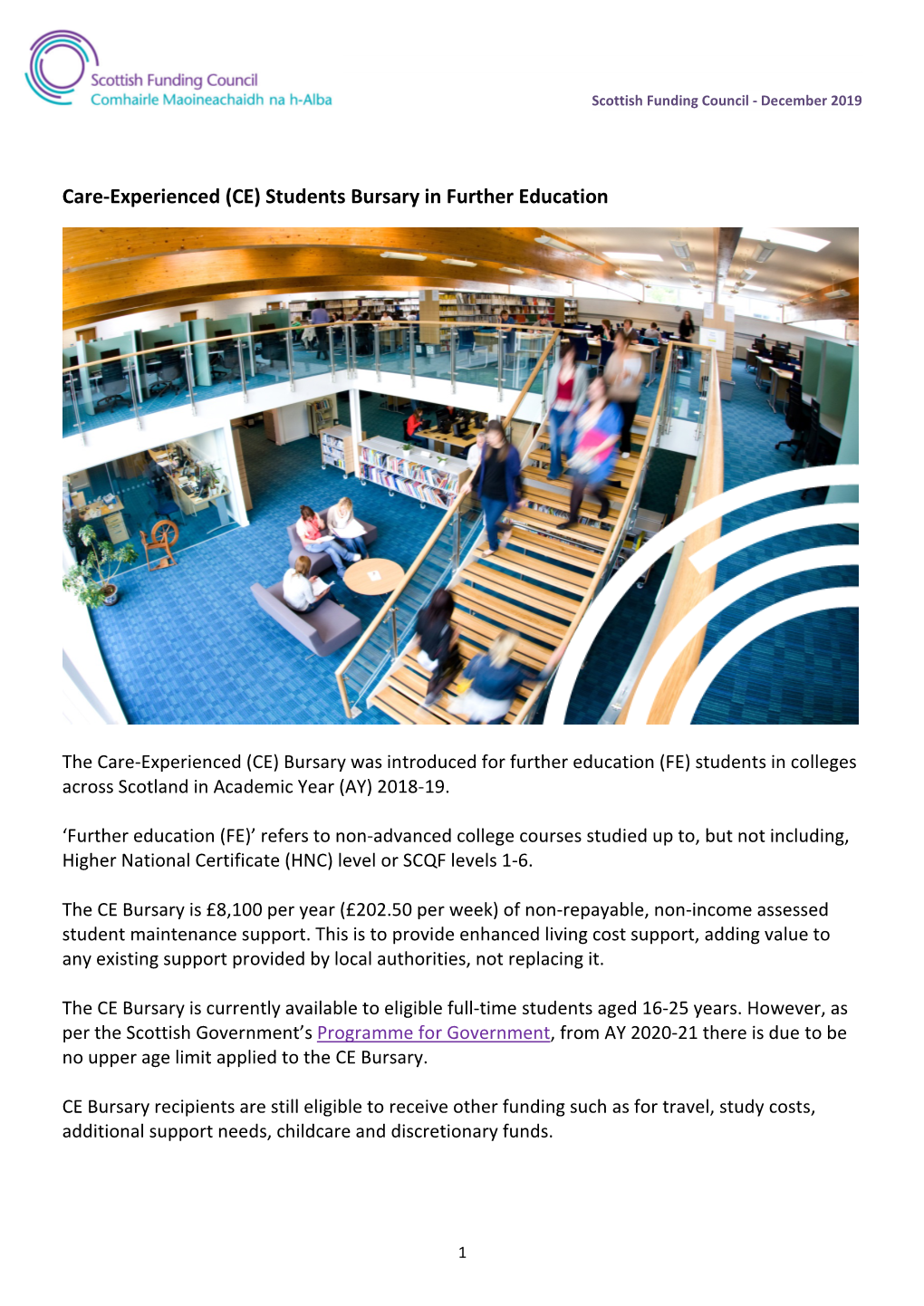 Care-Experienced (CE) Students Bursary in Further Education