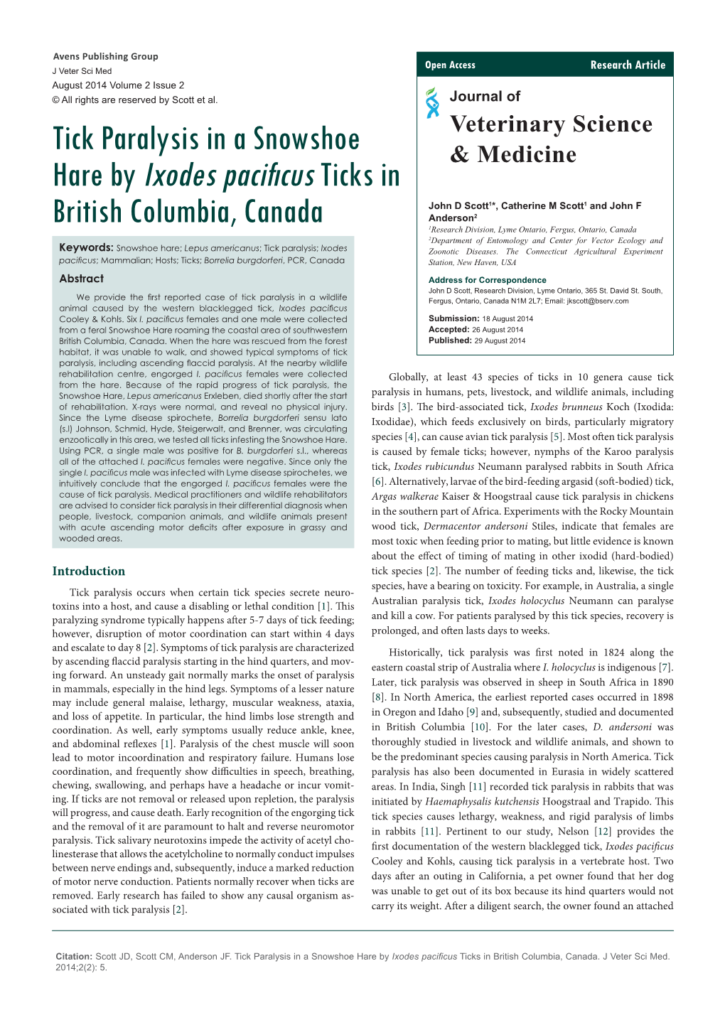 Tick Paralysis in a Snowshoe Hare by Ixodes Pacificus Ticks in British Columbia, Canada