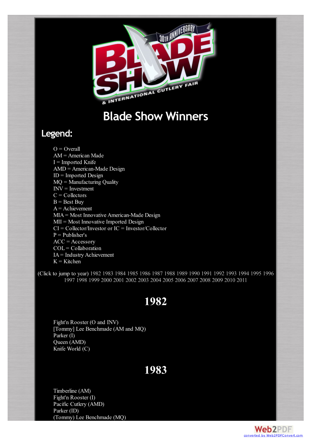 Blade Show Winners Legend