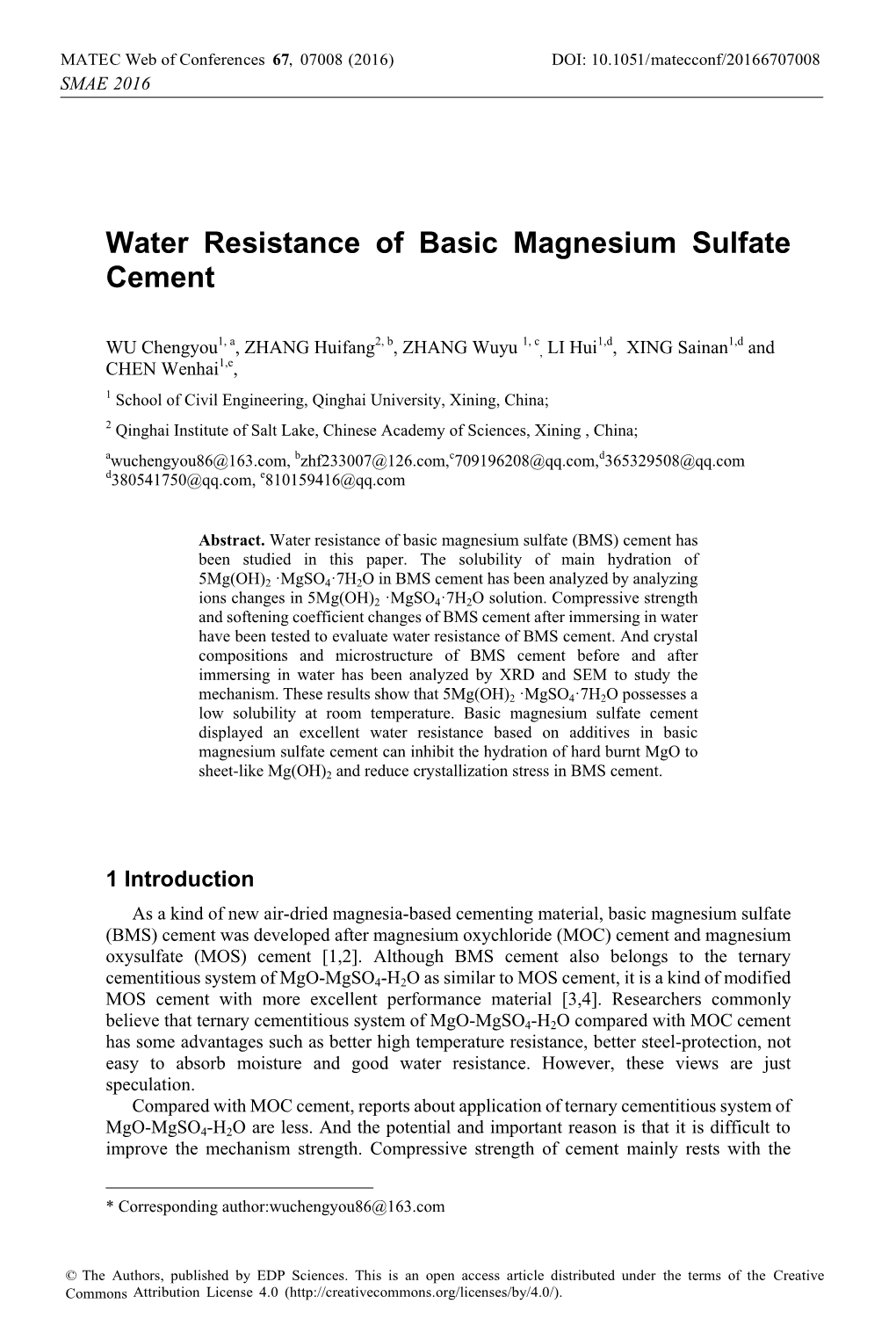 Water Resistance of Basic Magnesium Sulfate Cement