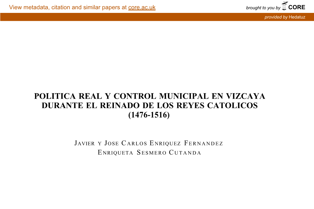 Política Real Y Control Municipal En Vizcaya Durante El Reinado