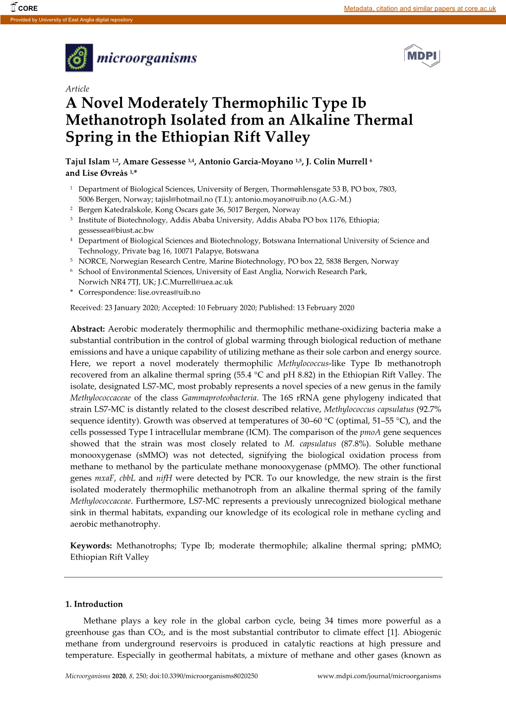 A Novel Moderately Thermophilic Type Ib Methanotroph Isolated from an Alkaline Thermal Spring in the Ethiopian Rift Valley