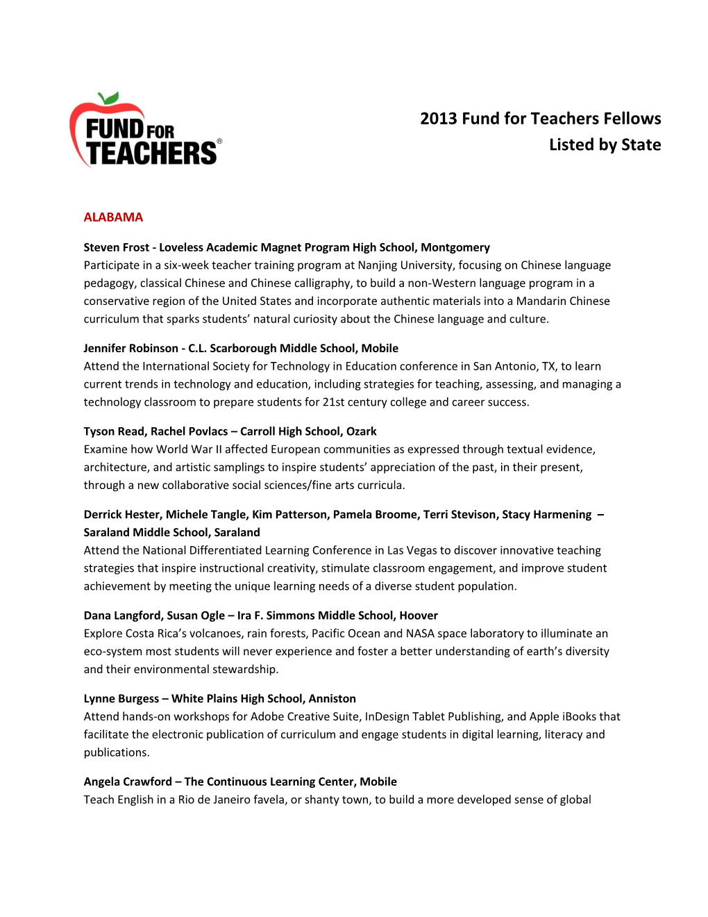 2013 Fund for Teachers Fellows Listed by State