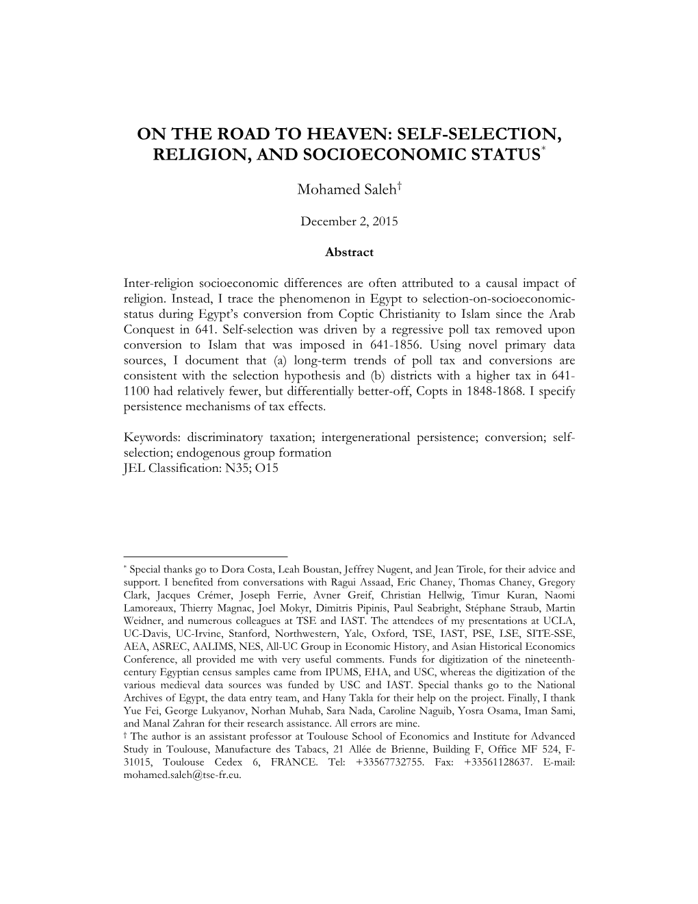 On the Road to Heaven: Self-Selection, Religion, and Socioeconomic Status*