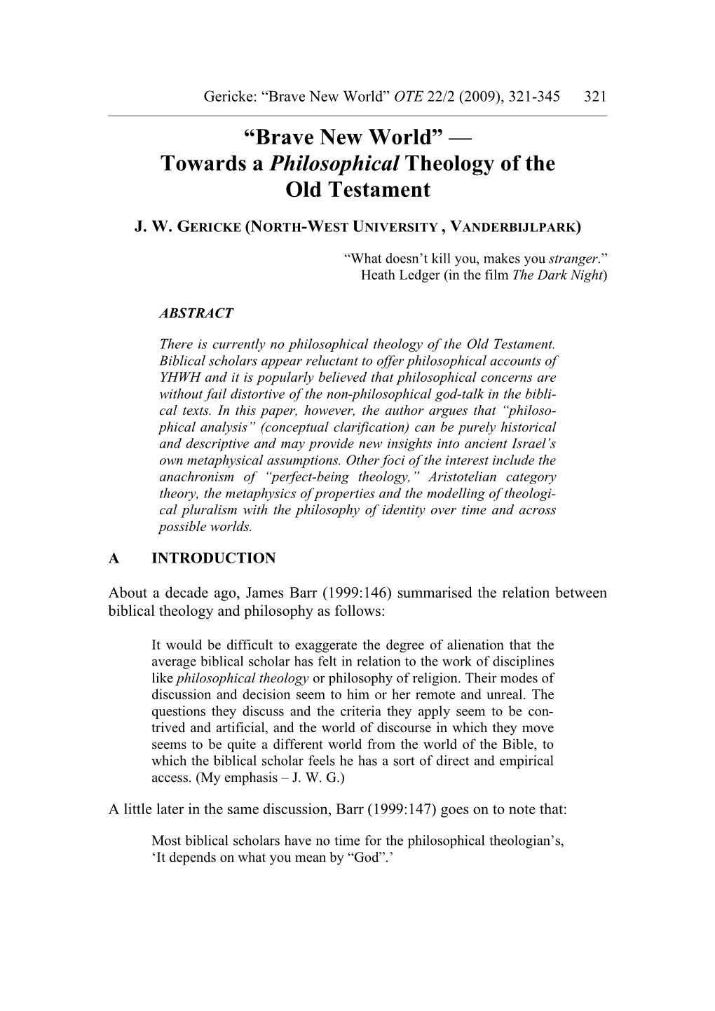 Towards a Philosophical Theology of the Old Testament