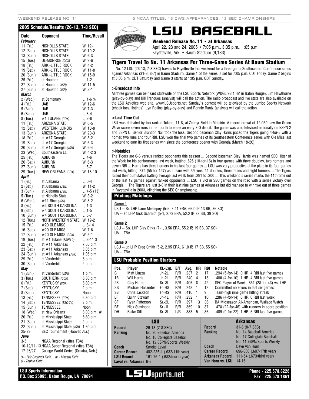 LSU Vs. Arkansas Game Notes 4.22.05.Qxd