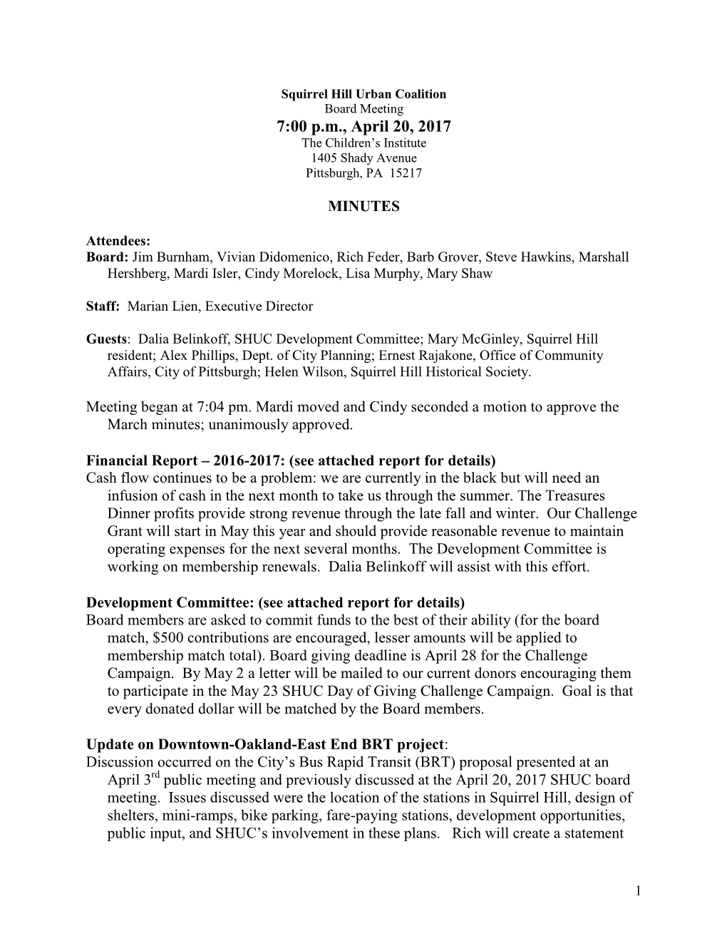 SHUC Board Minutes 04-20-2017