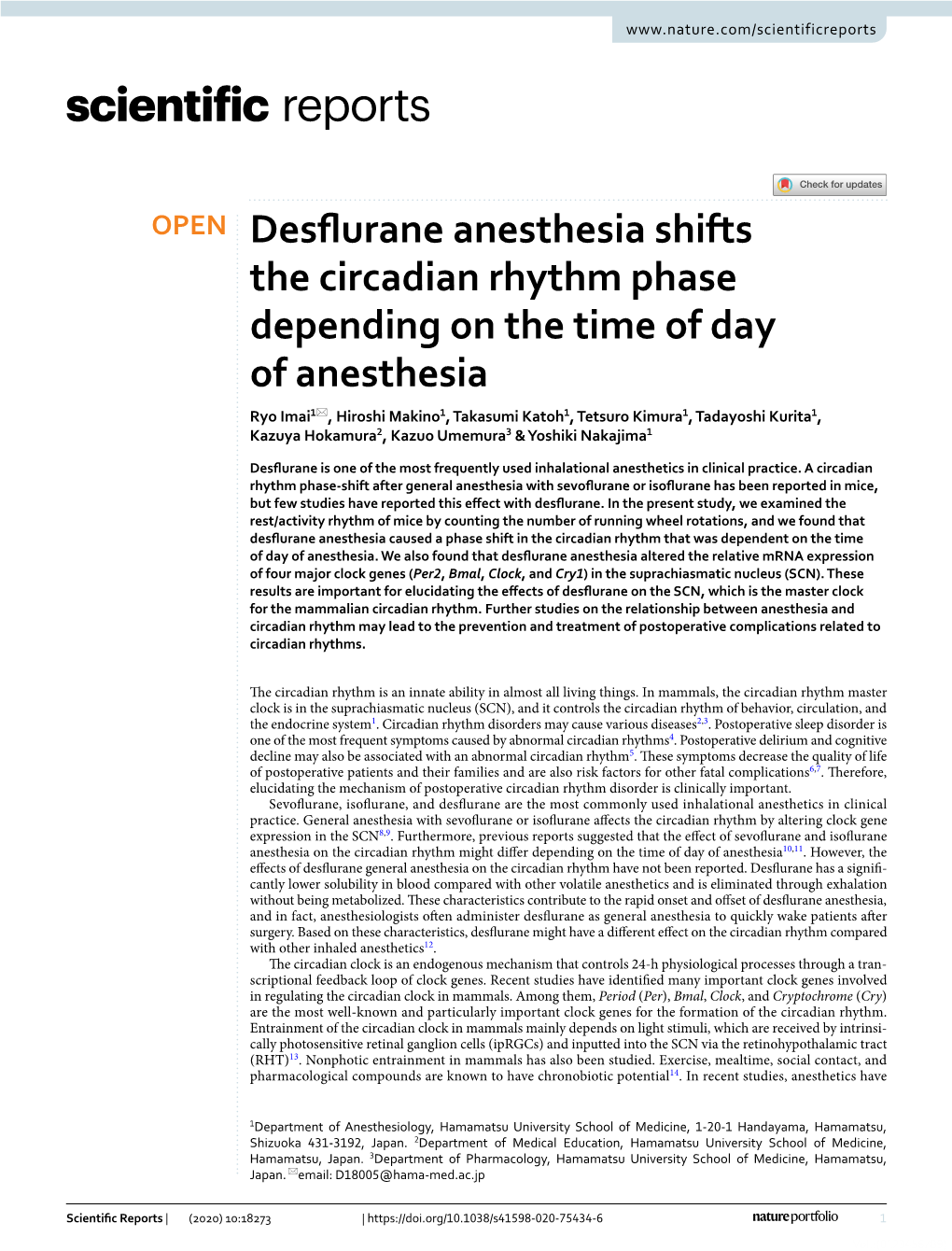 Desflurane Anesthesia Shifts the Circadian Rhythm Phase Depending