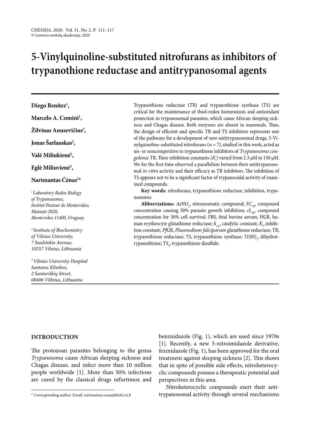 5-Vinylquinoline-Substituted Nitrofurans As Inhibitors of Trypanothione Reductase and Antitrypanosomal Agents
