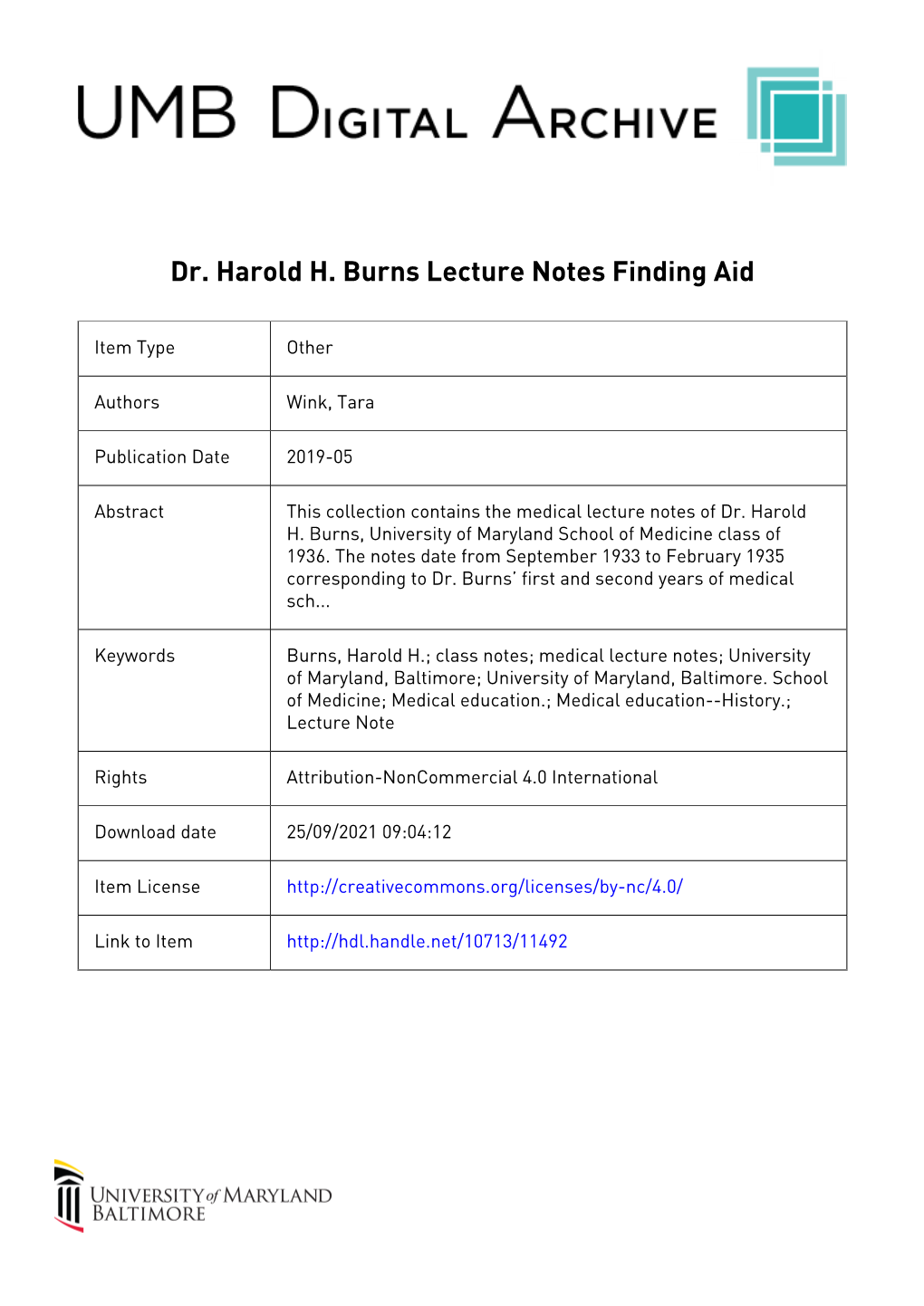 Dr. Harold H. Burns Lecture Notes Finding Aid