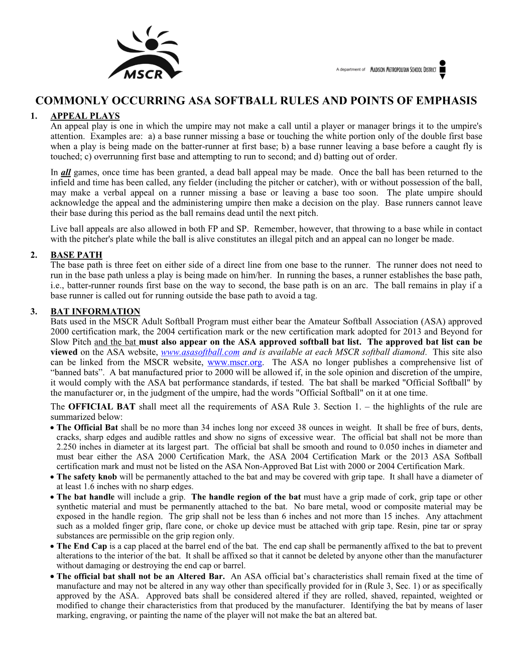 Commonly Occurring Asa Softball Rules and Points of Emphasis