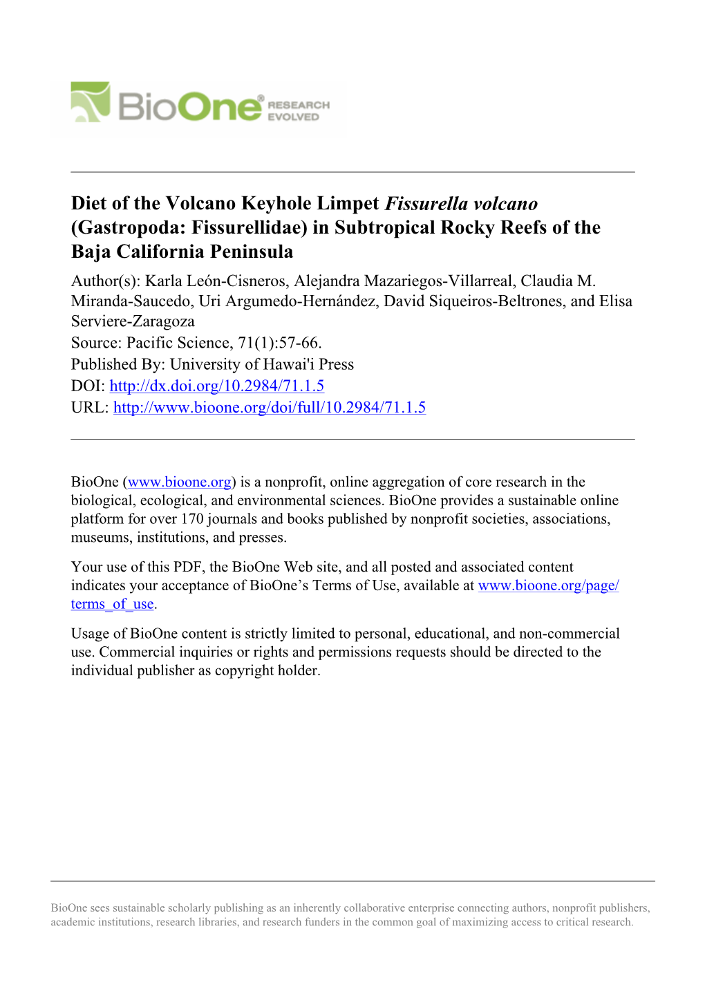 Diet of the Volcano Keyhole Limpet Fissurella Volcano (Gastropoda