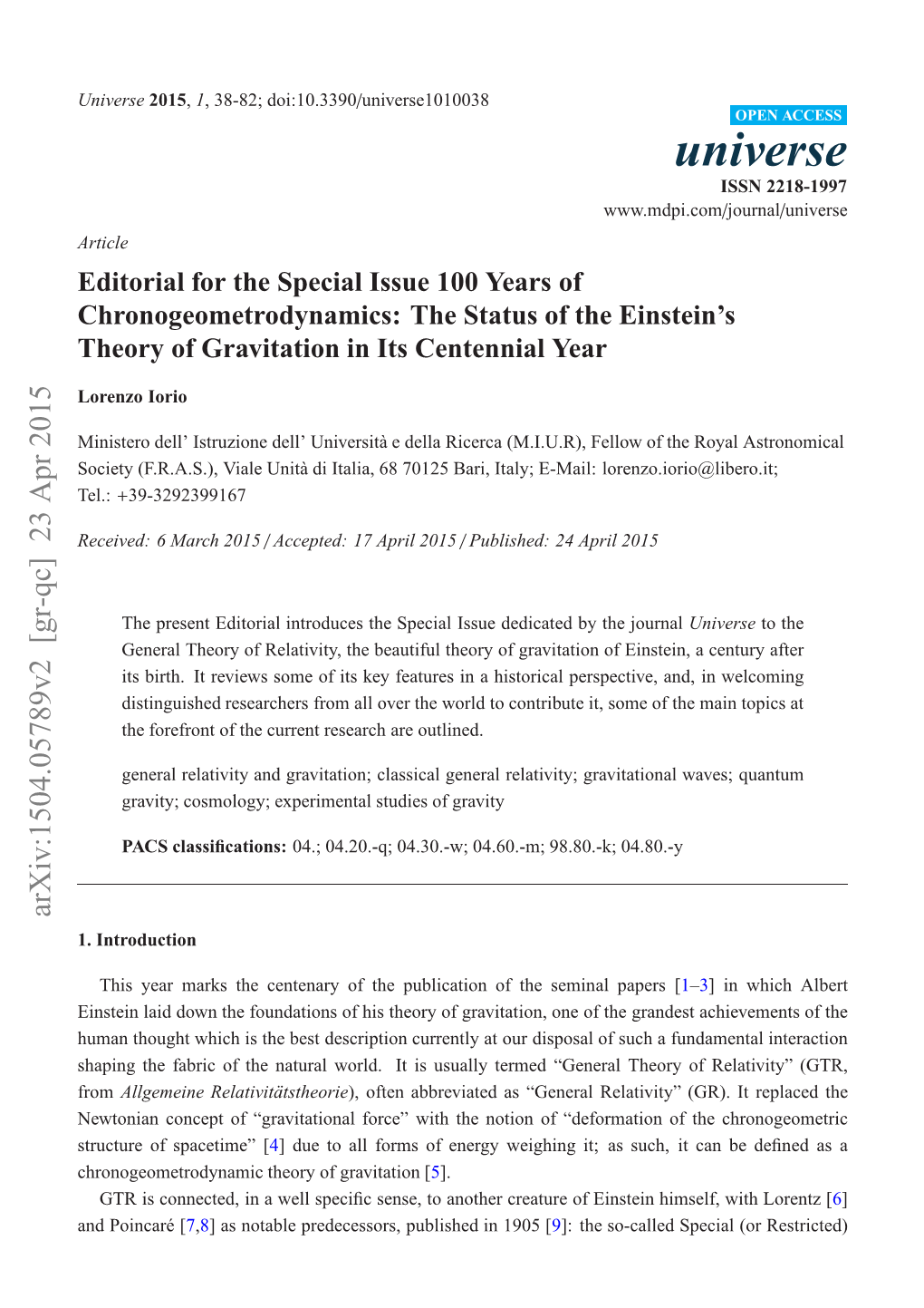 Editorial for the Special Issue 100 Years of Chronogeometrodynamics