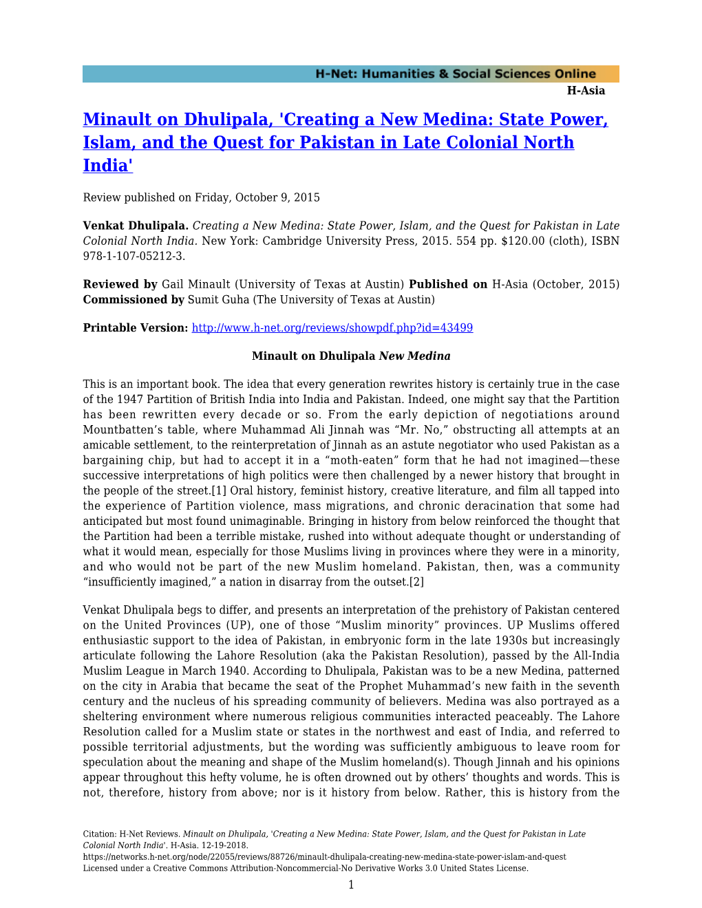 Minault on Dhulipala, 'Creating a New Medina: State Power, Islam, and the Quest for Pakistan in Late Colonial North India'