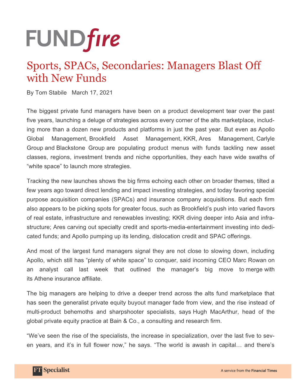 Sports, Spacs, Secondaries: Managers Blast Off with New Funds by Tom Stabile March 17, 2021