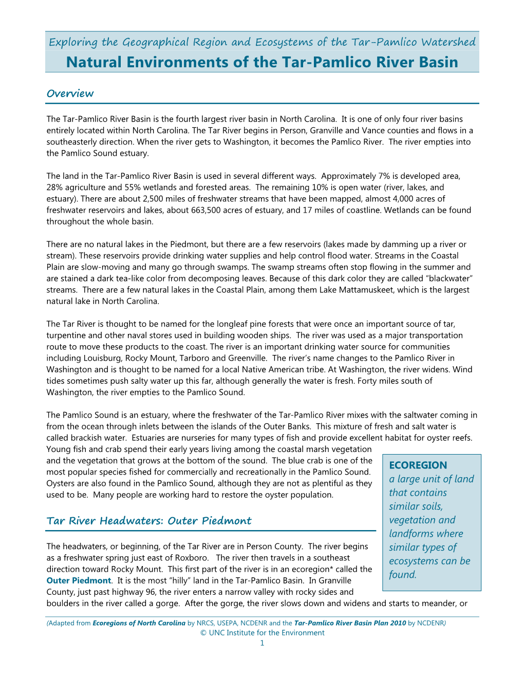 Natural Environments of the Tar-Pamlico River Basin