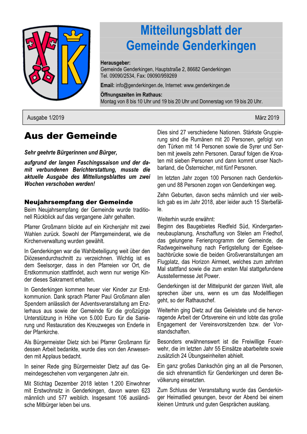 Mitteilungsblatt Der Gemeinde Genderkingen, Seite 2 März 2019