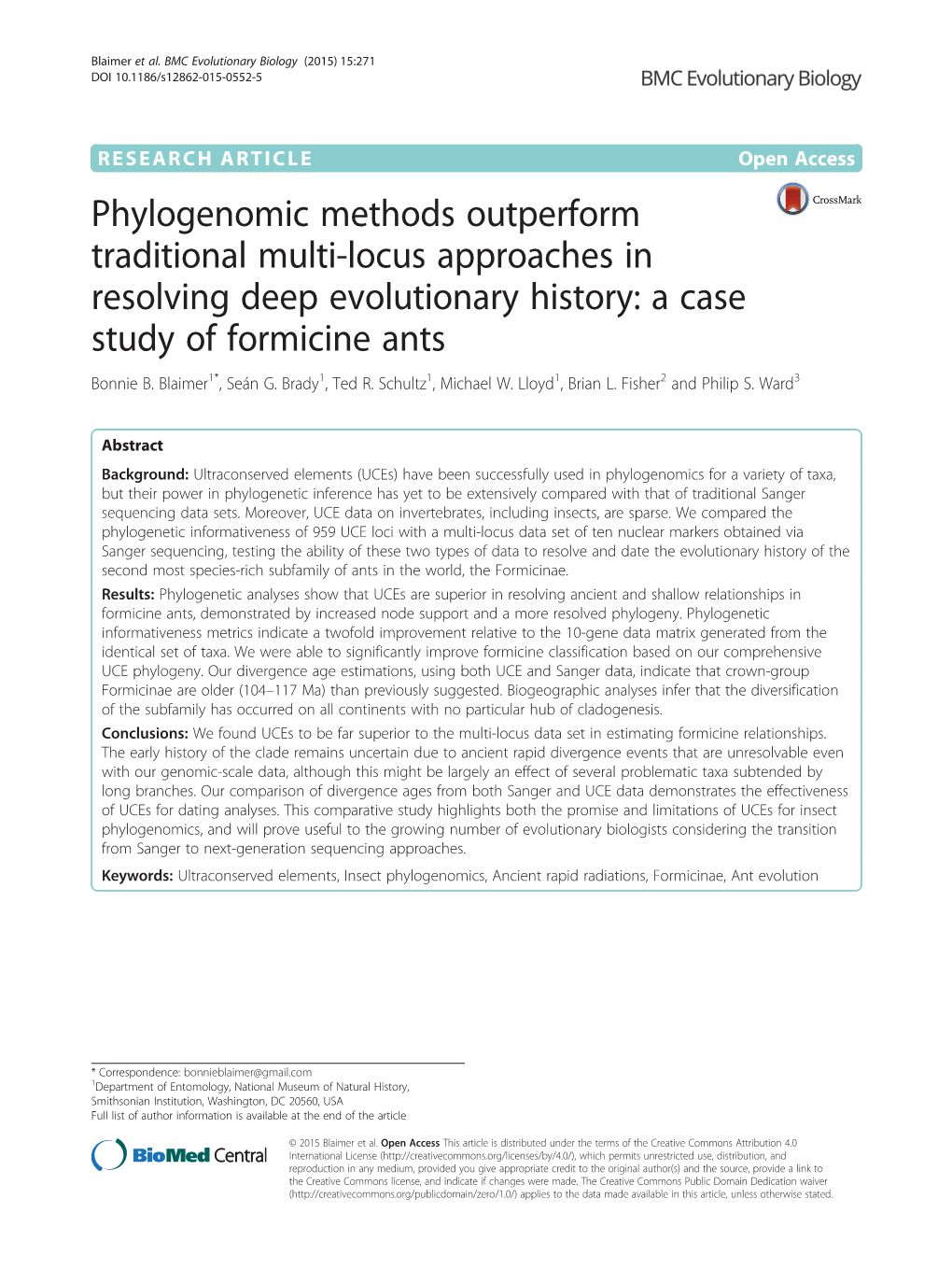 Phylogenomic Methods Outperform Traditional Multi-Locus Approaches in Resolving Deep Evolutionary History: a Case Study of Formicine Ants Bonnie B