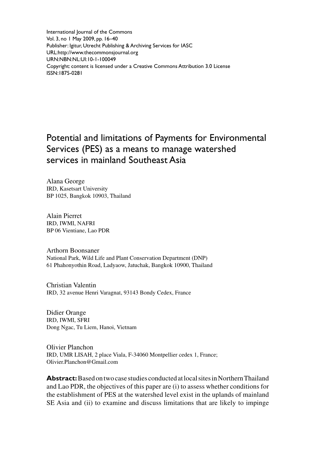 Potential and Limitations of Payments for Environmental Services (PES) As a Means to Manage Watershed Services in Mainland Southeast Asia