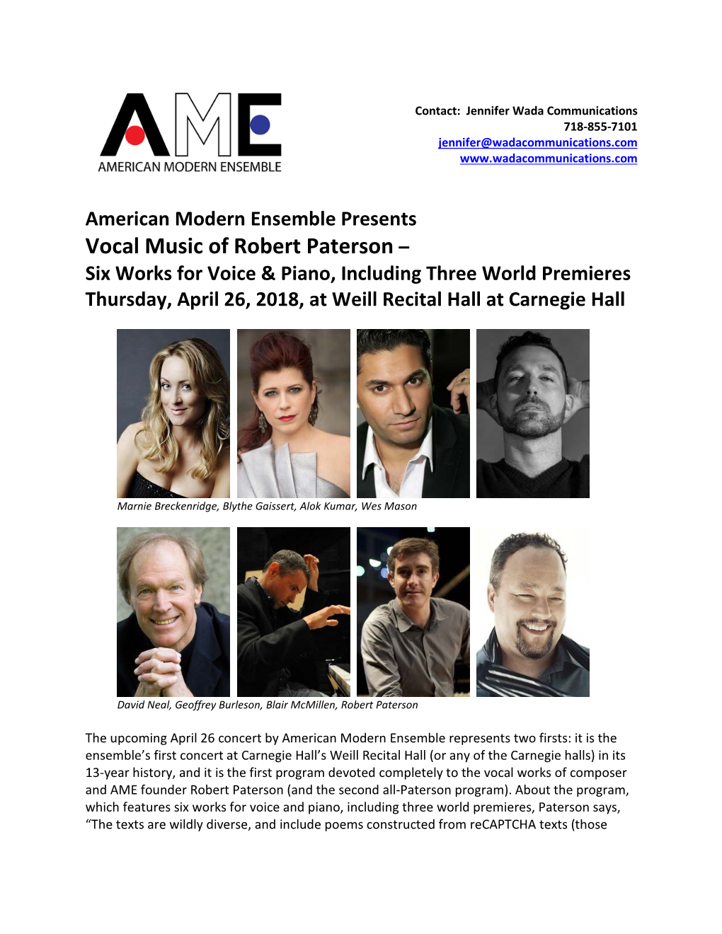 Vocal Music of Robert Paterson – Six Works for Voice & Piano, Including Three World Premieres Thursday, April 26, 2018, at Weill Recital Hall at Carnegie Hall