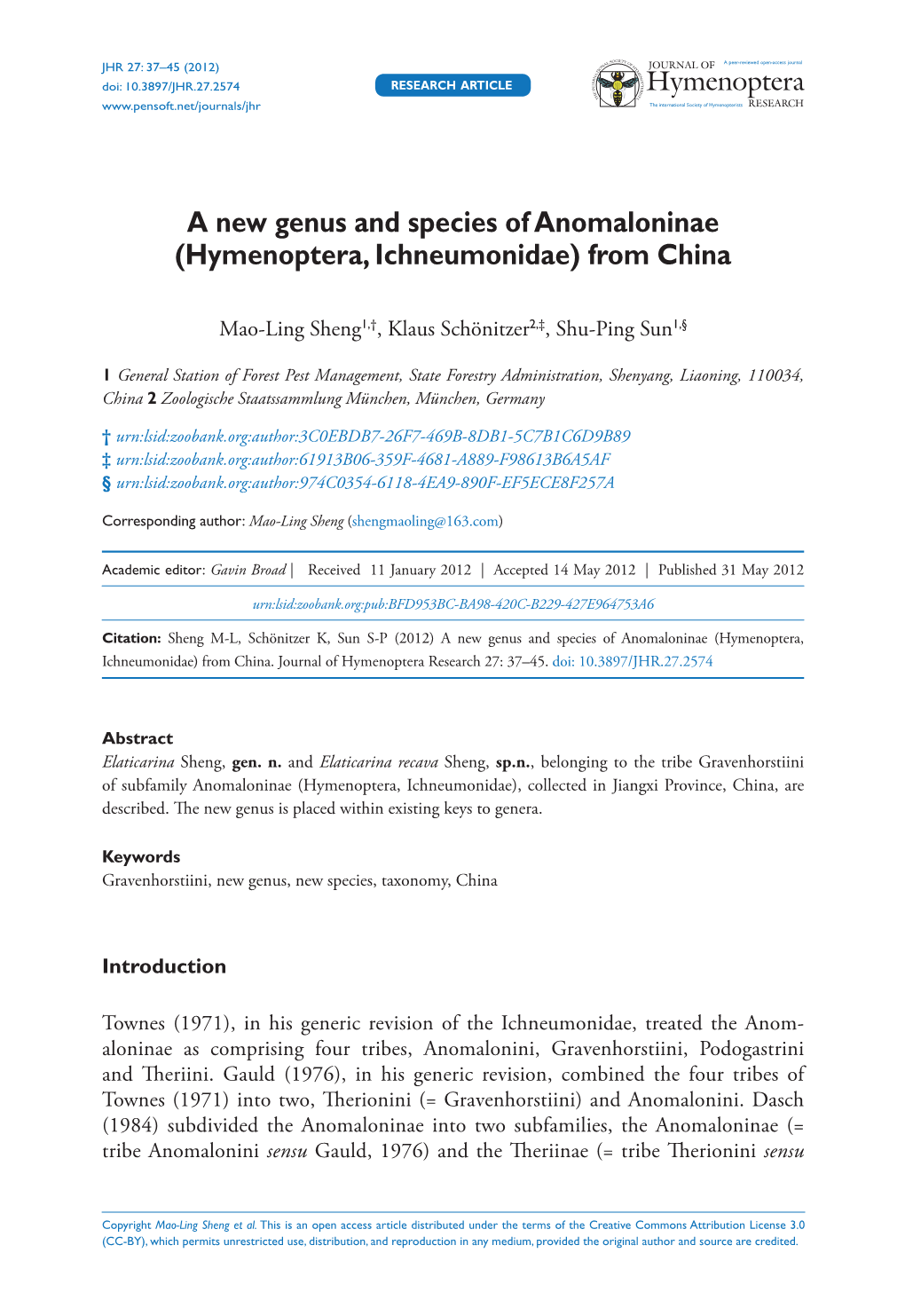 A New Genus and Species of Anomaloninae (Hymenoptera, Ichneumonidae) from China