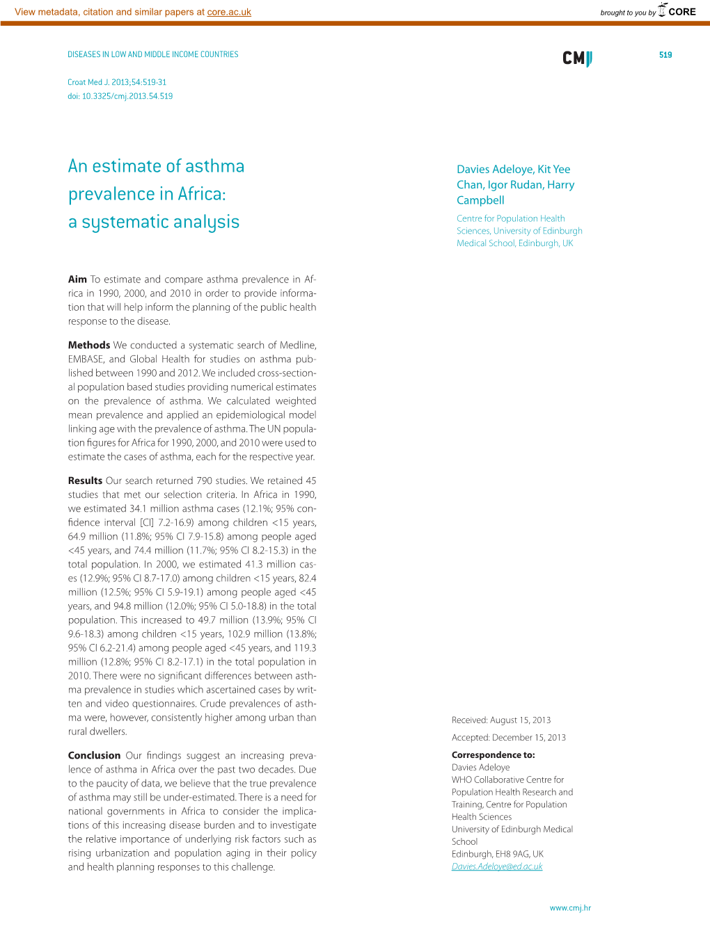 An Estimate of Asthma Prevalence in Africa: a Systematic Analysis 521