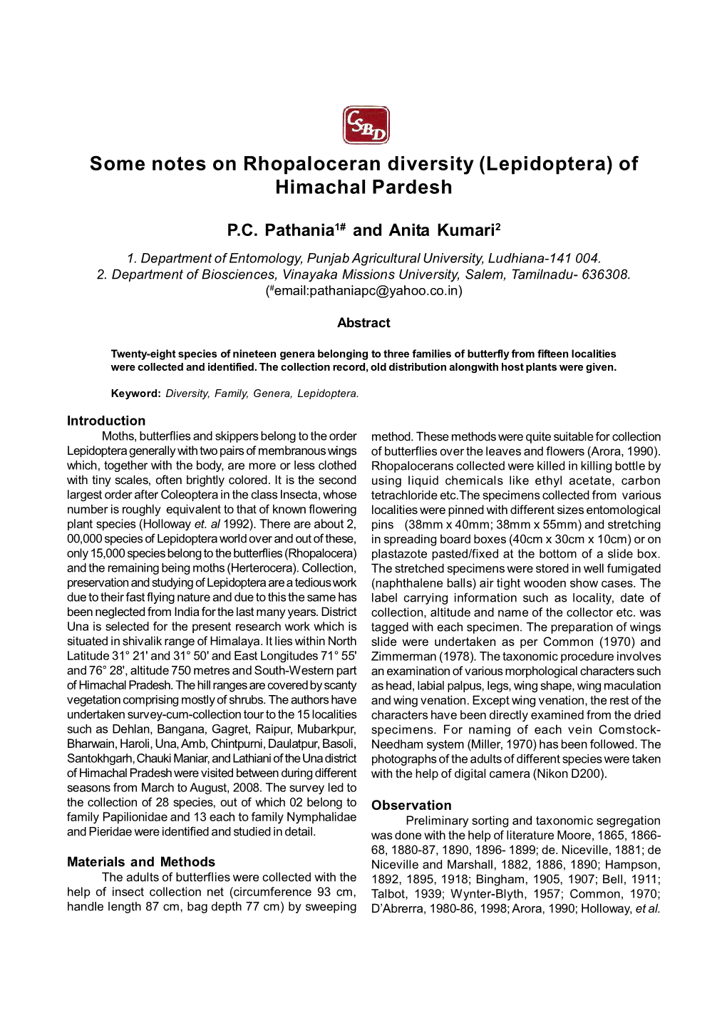 Some Notes on Rhopaloceran Diversity (Lepidoptera) of Himachal Pardesh