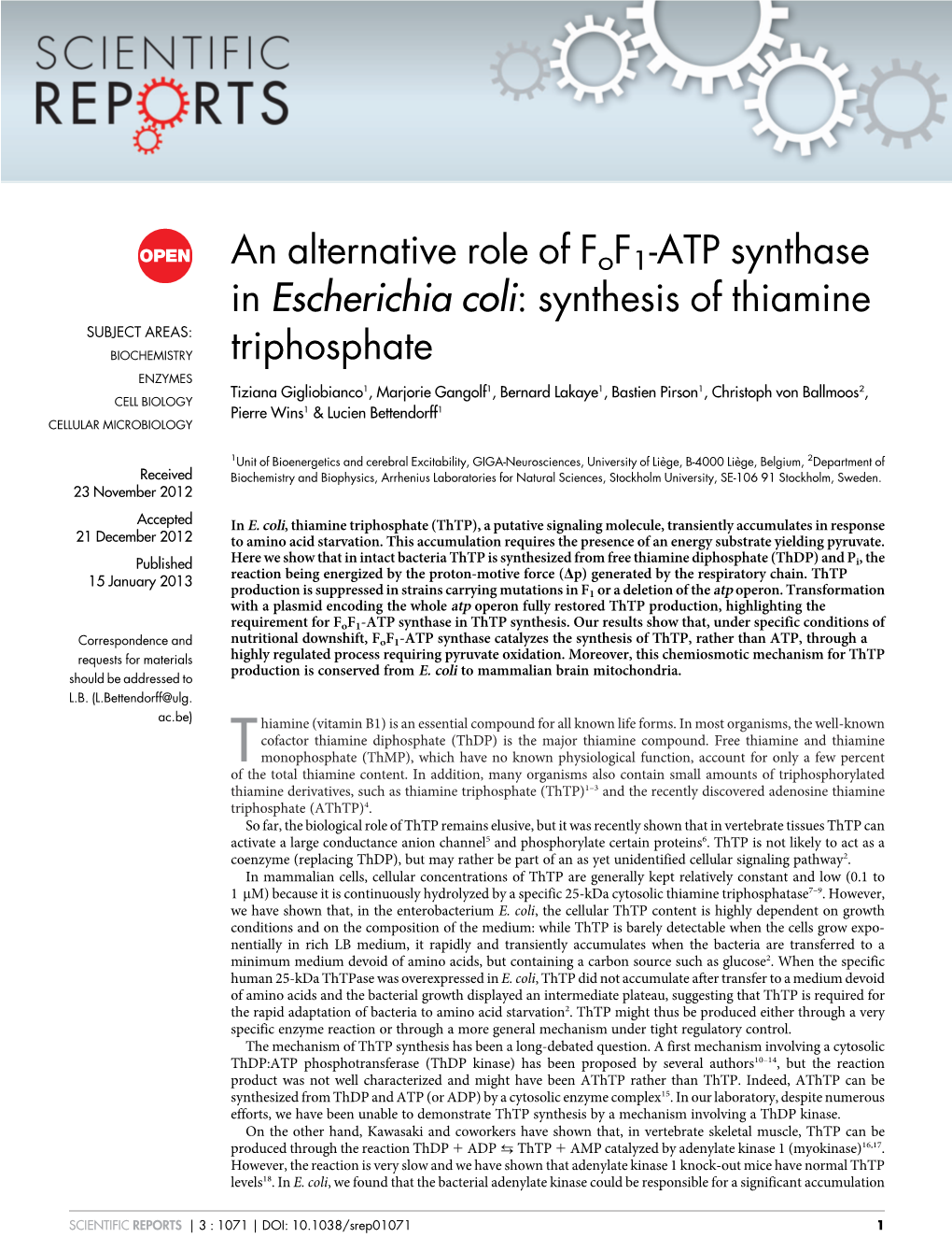 An Alternative Role of Fof1-ATP Synthase in Escherichia Coli: Synthesis of Thiamine Triphosphate